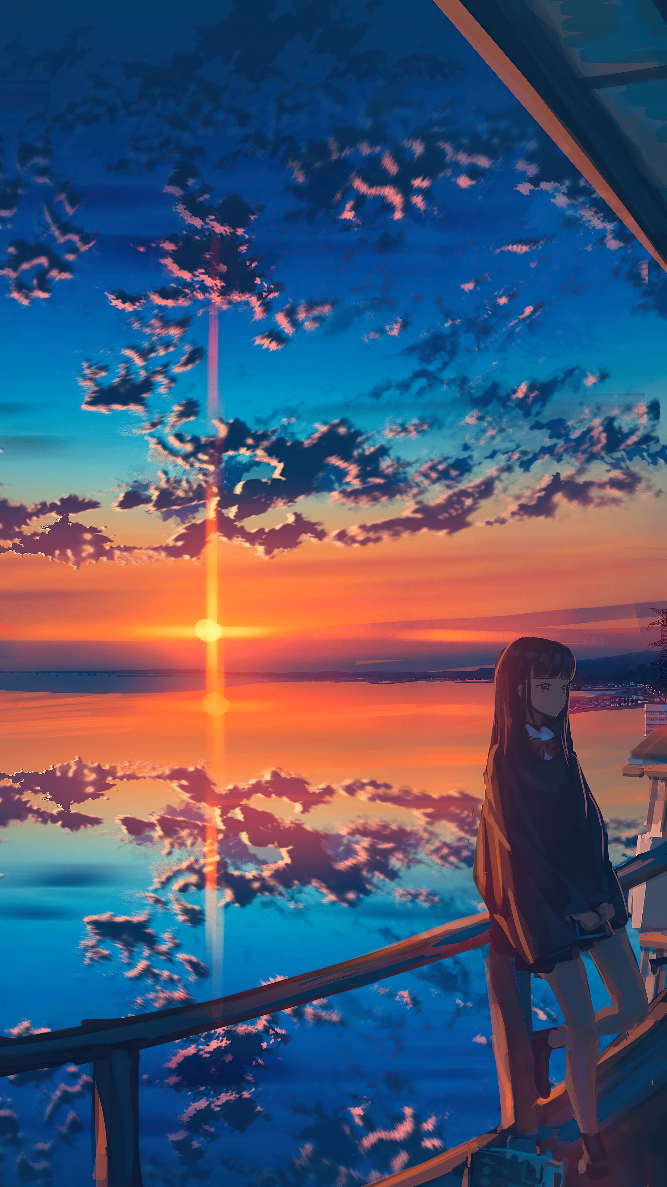 Anime girl watching a sunset over the ocean HD Phone Wallpaper