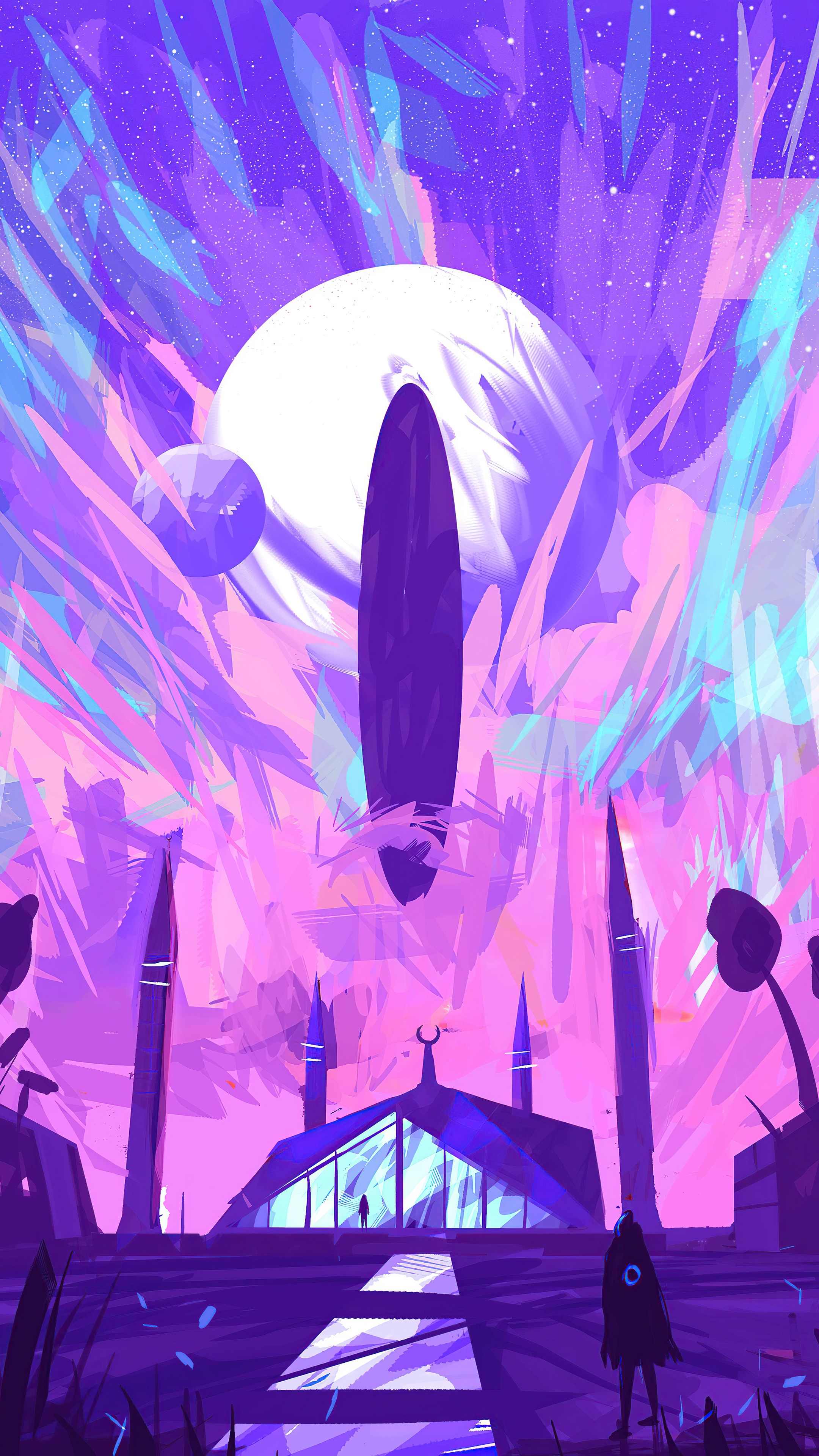 Digital Art of a Futuristic Mosque and Celestial Bodies HD Phone Wallpaper