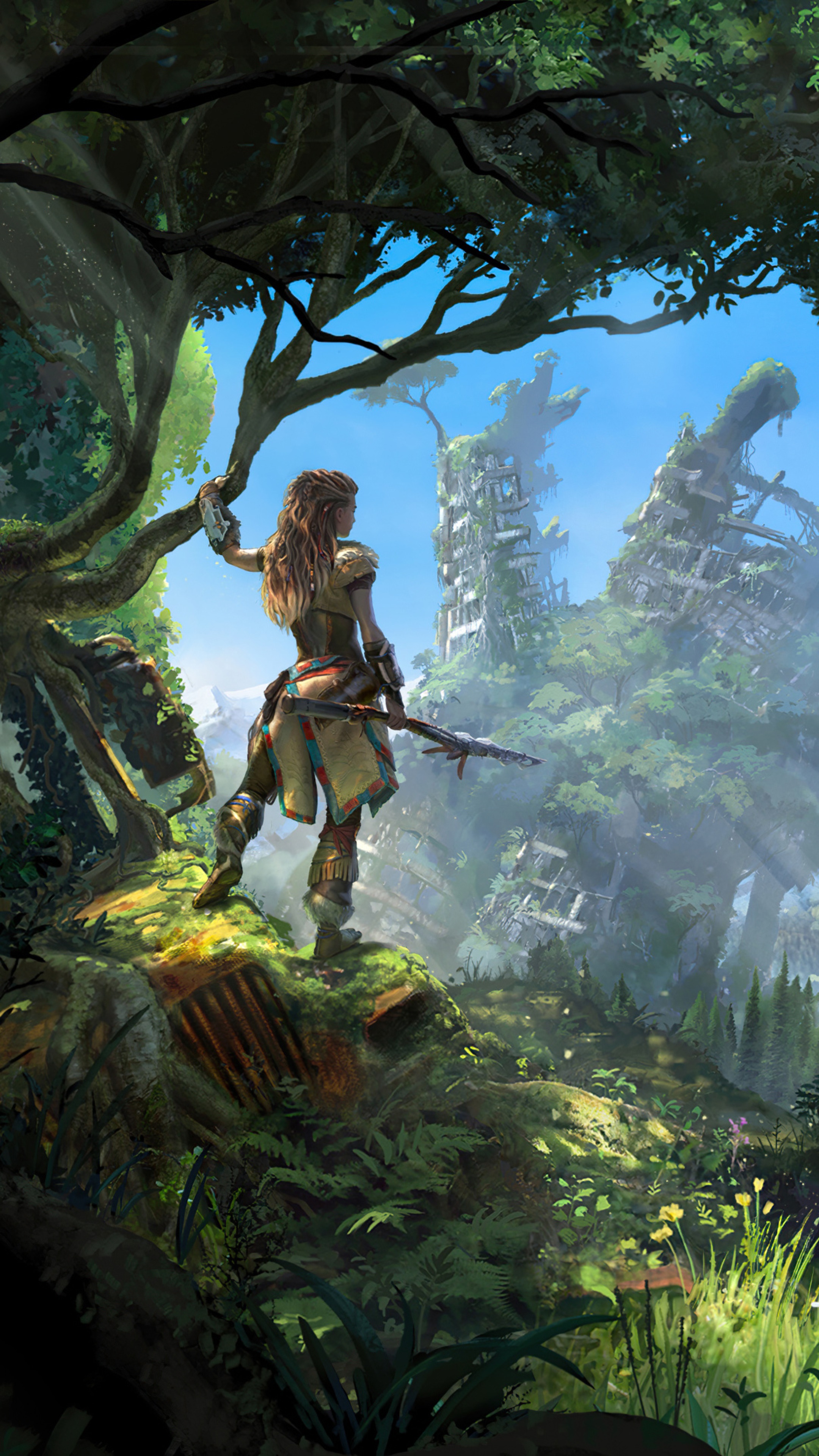 Aloy from Horizon Zero Dawn in a ruined city HD Phone Wallpaper