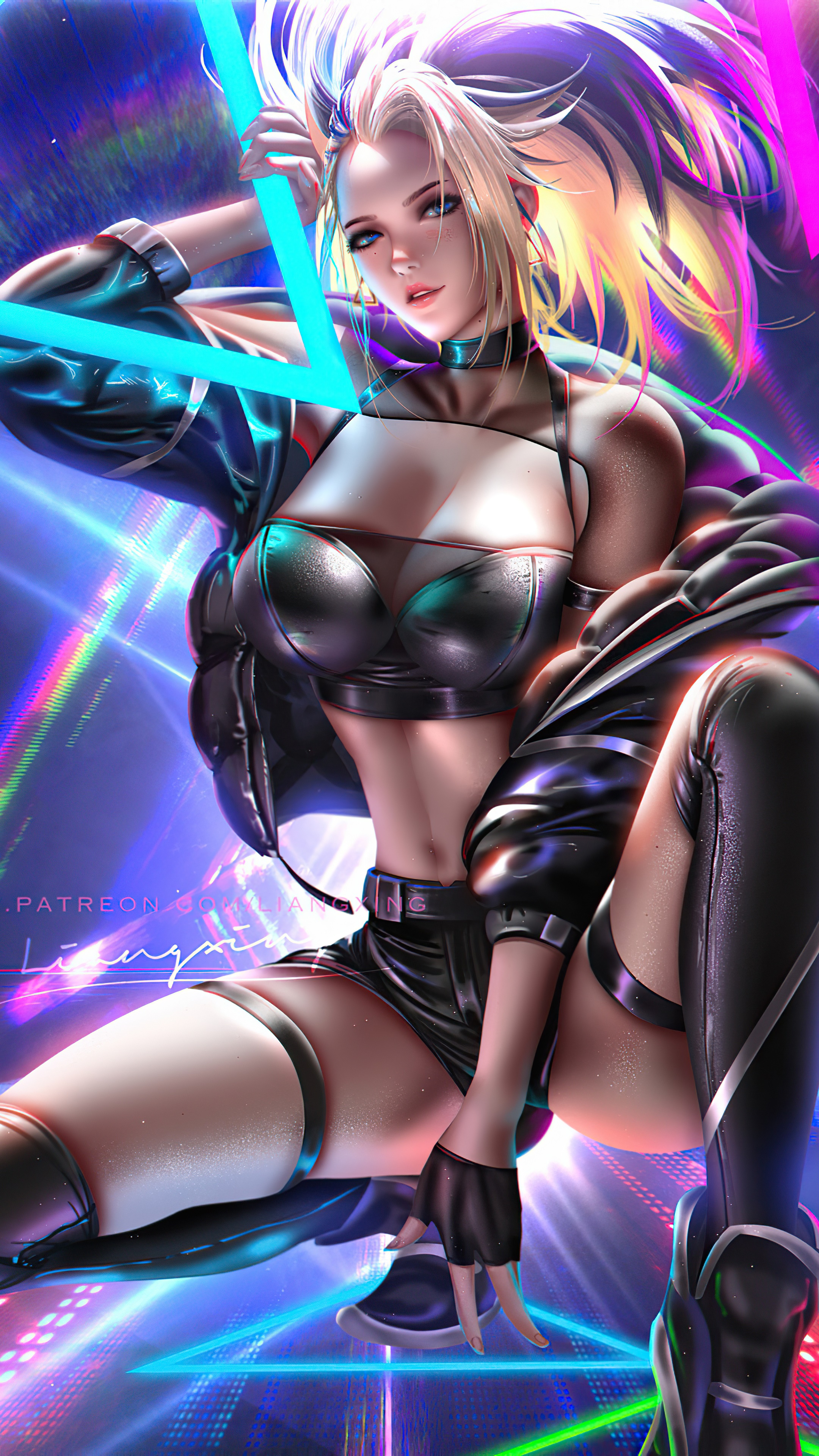 Akali from League of Legends in neon lights HD Phone Wallpaper