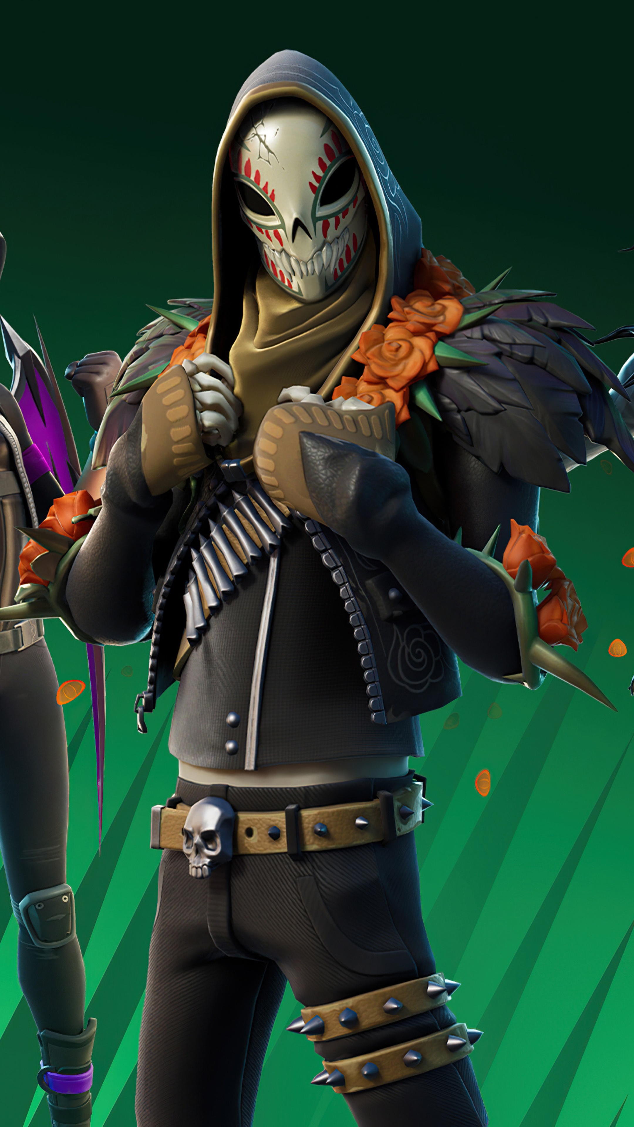 Fortnite character with skull mask and roses HD Phone Wallpaper