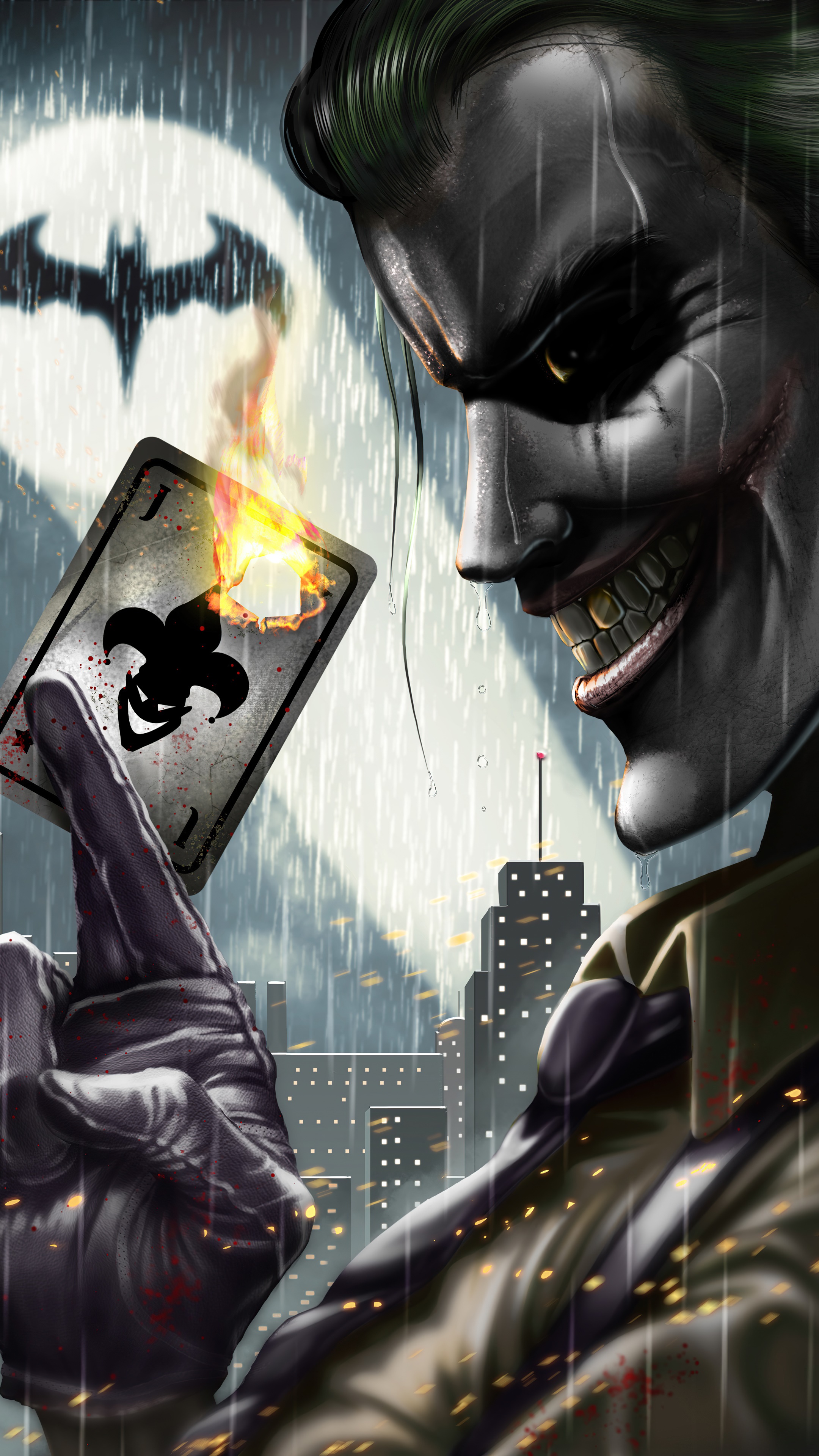 Joker holding a burning playing card in front of Gotham City HD Phone Wallpaper