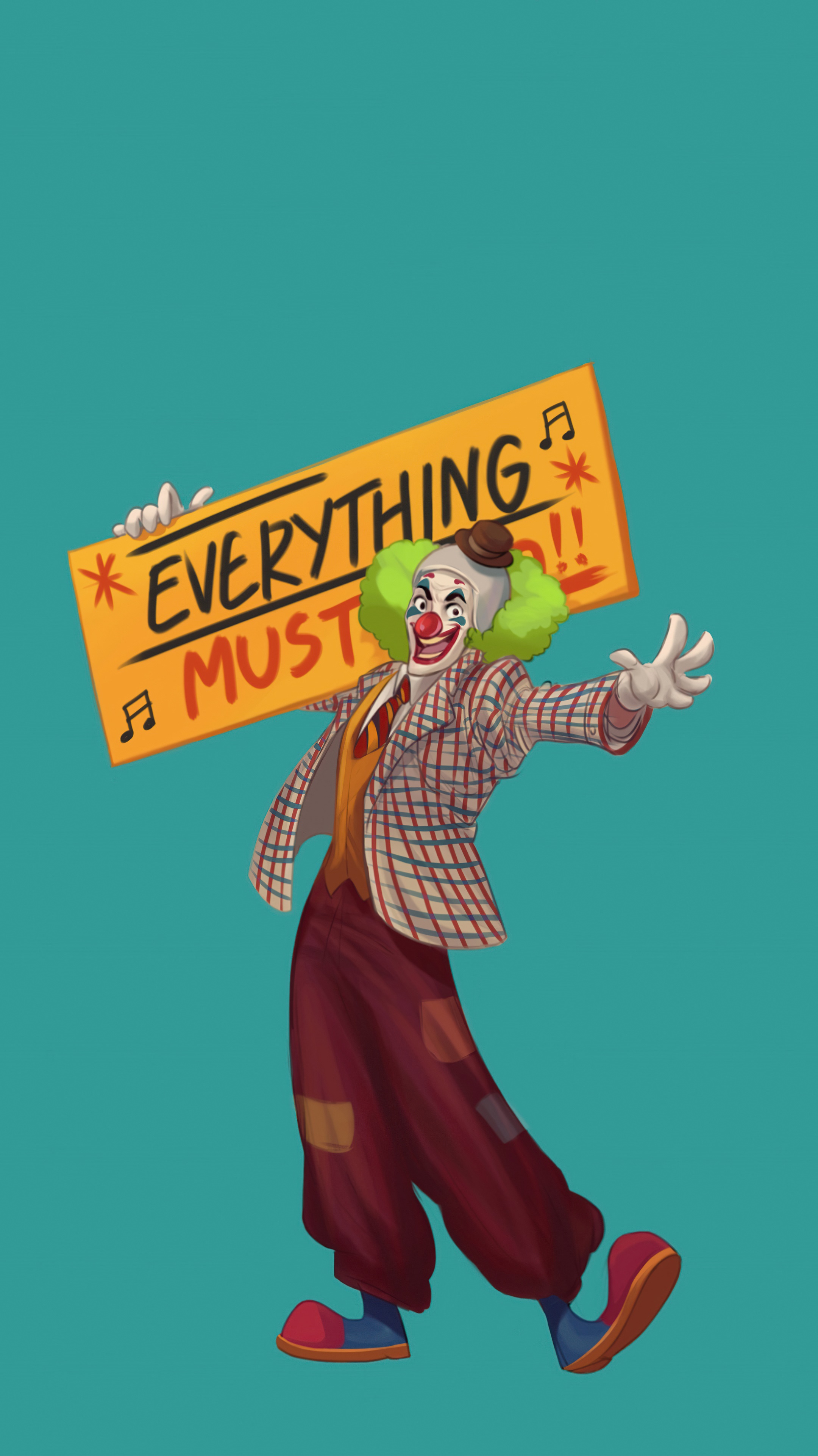 Clown holding a sign that says "EVERYTHING MUST GO!!" HD Phone Wallpaper