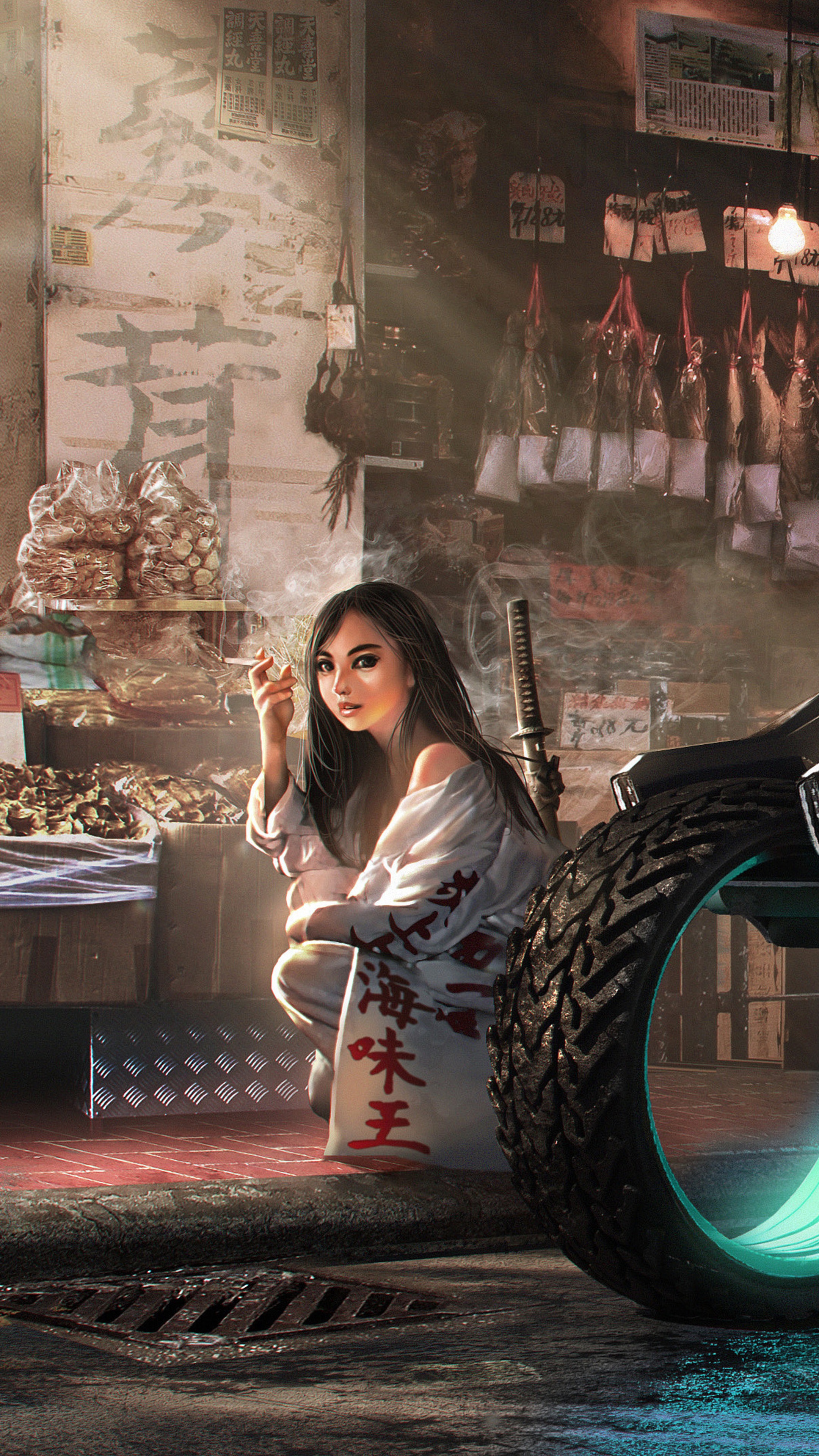 Cyberpunk woman with katana smoking in market HD Phone Wallpaper