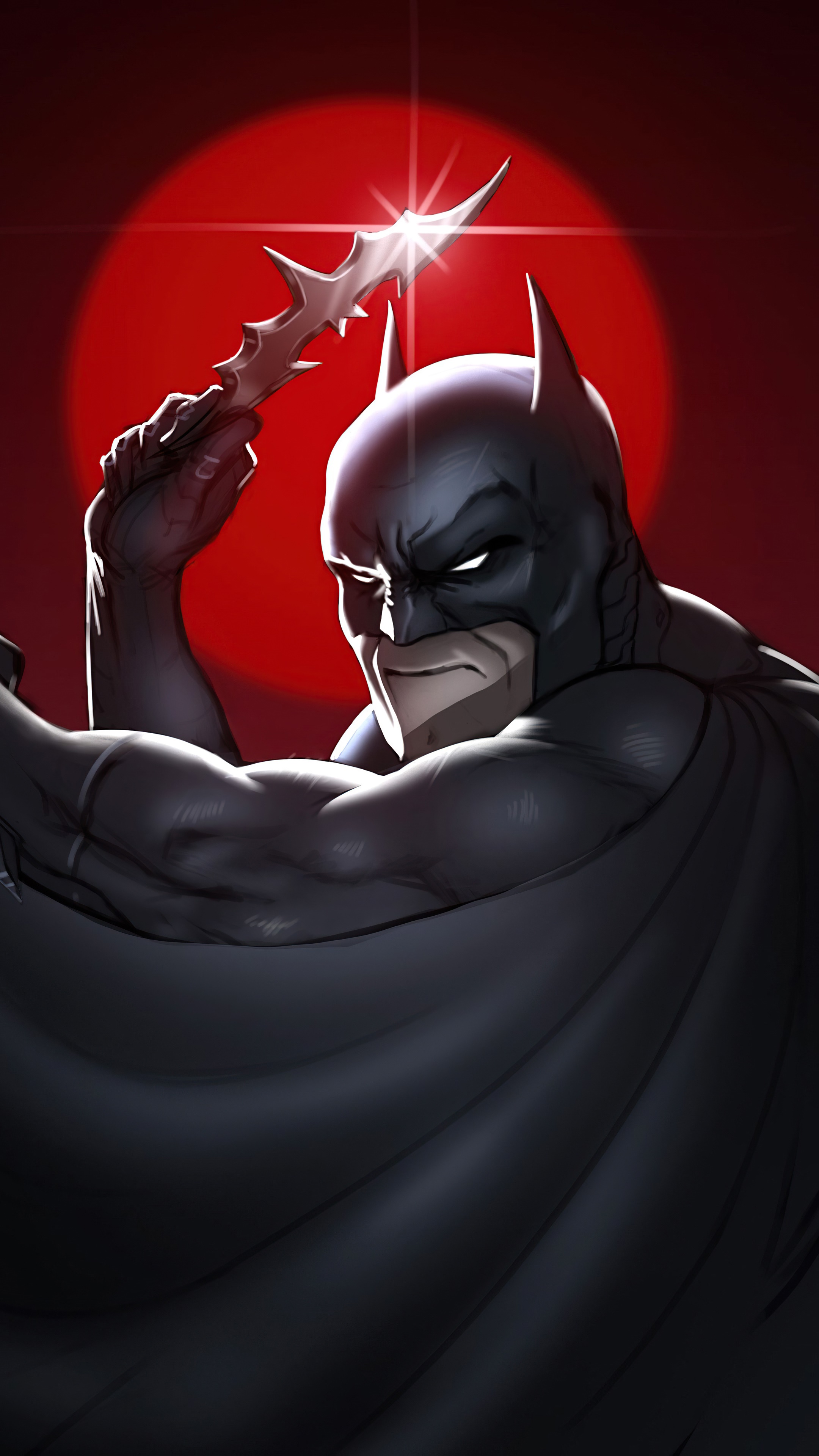 Batman holding a Batarang with a red circle background HD Phone Wallpaper