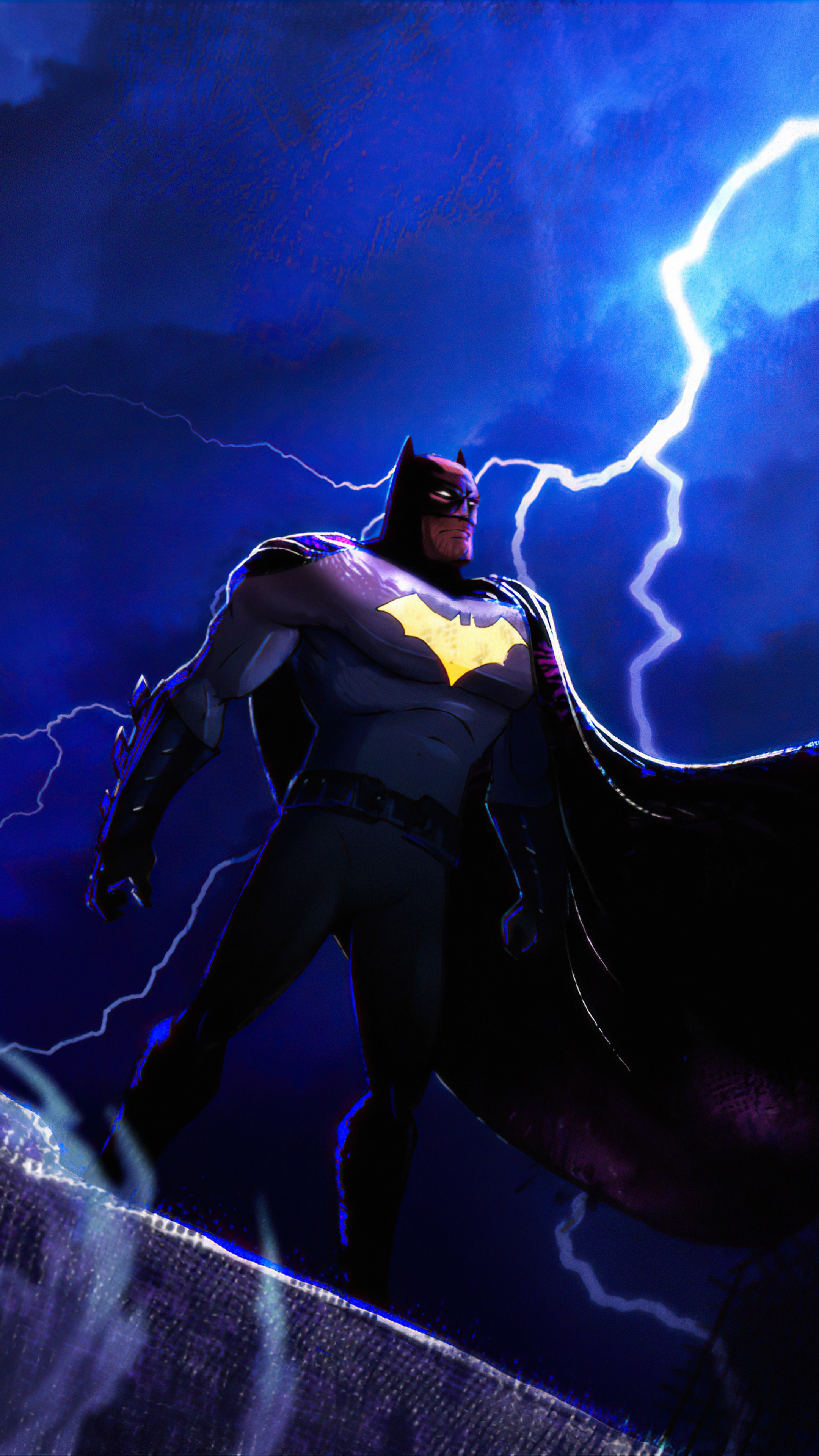 Batman standing on a ledge during a lightning storm HD Phone Wallpaper