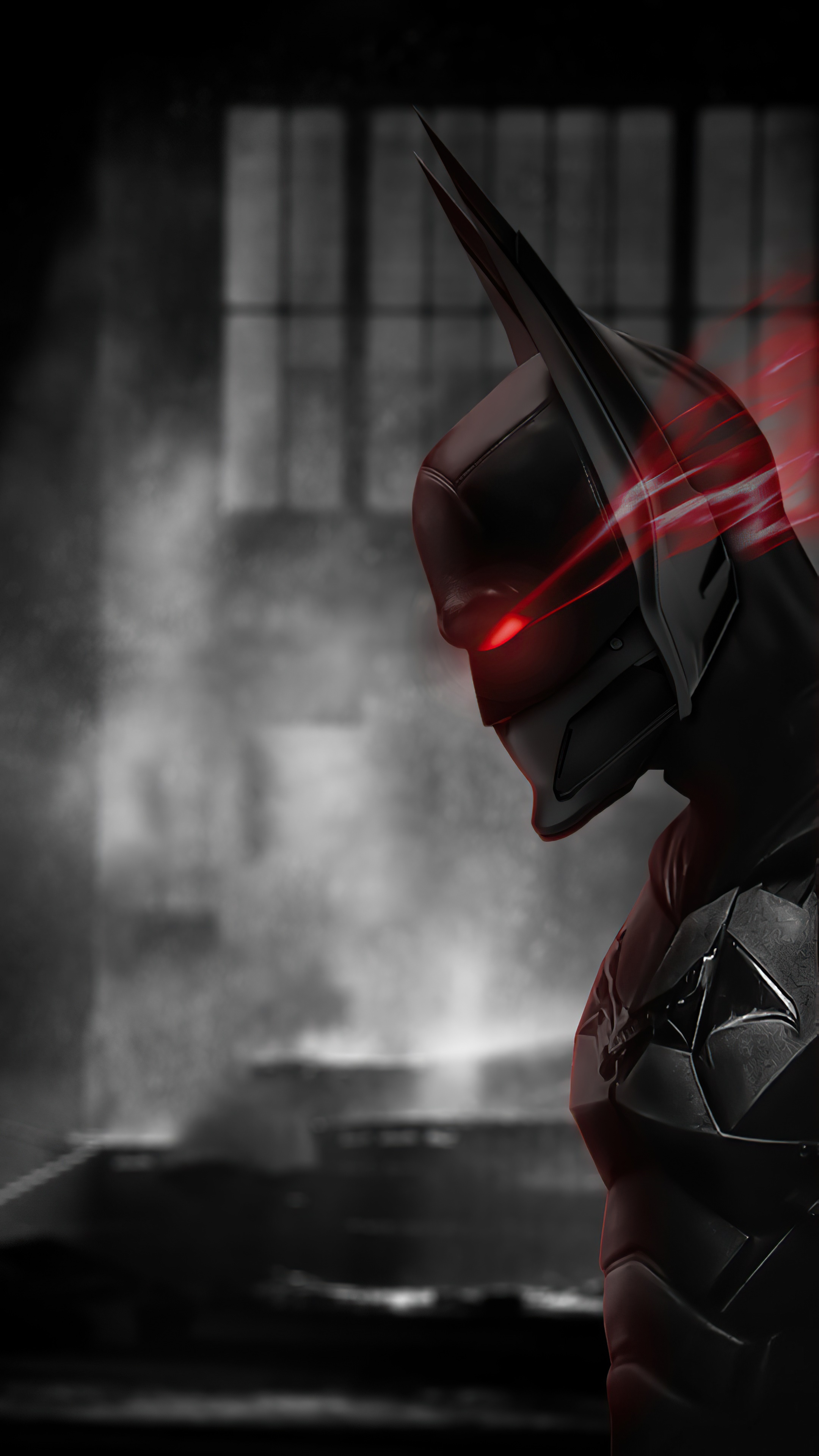 Batman with glowing red eyes and red streaks HD Phone Wallpaper