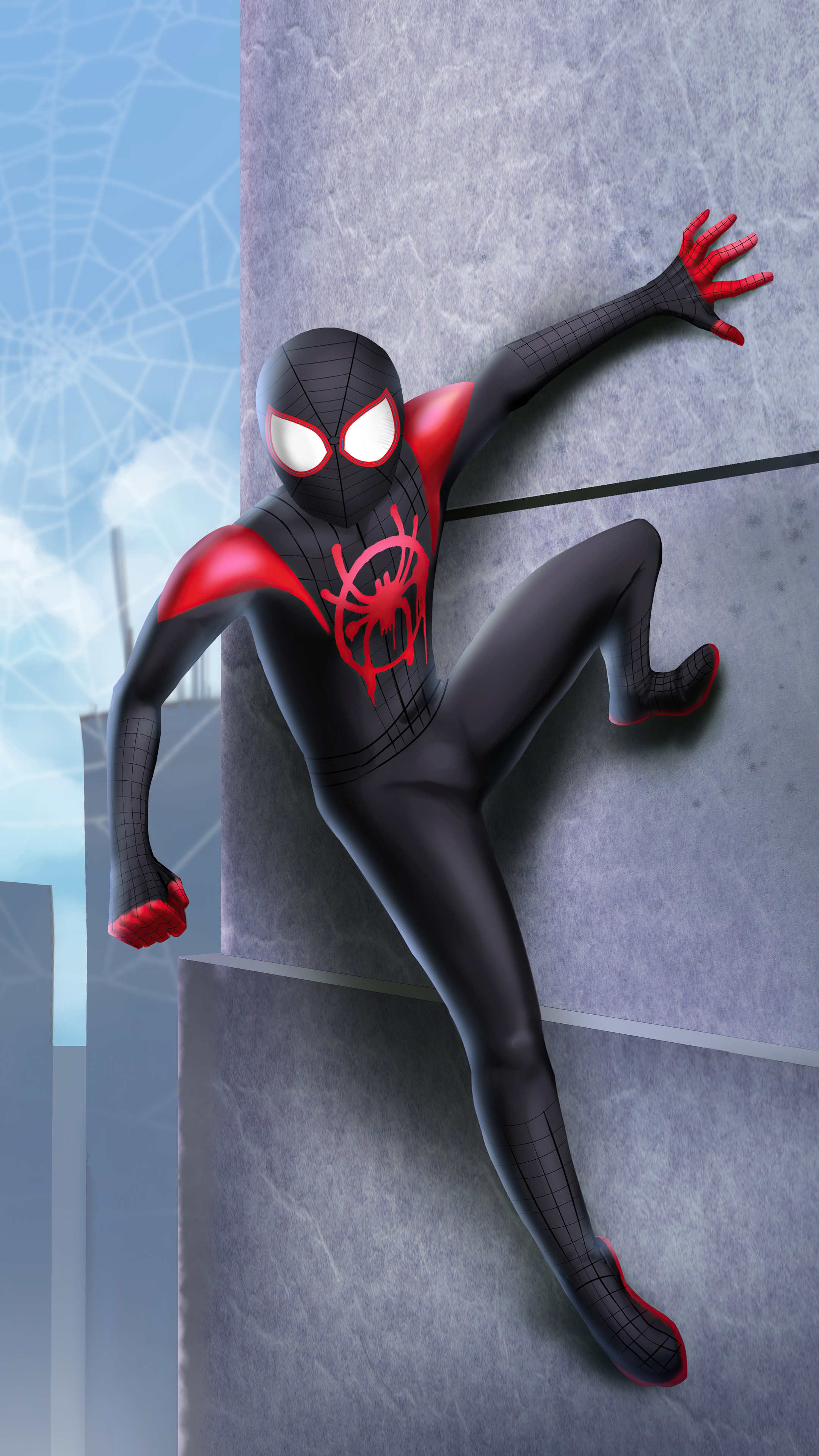 Spider-Man (Miles Morales) climbing a building HD Phone Wallpaper
