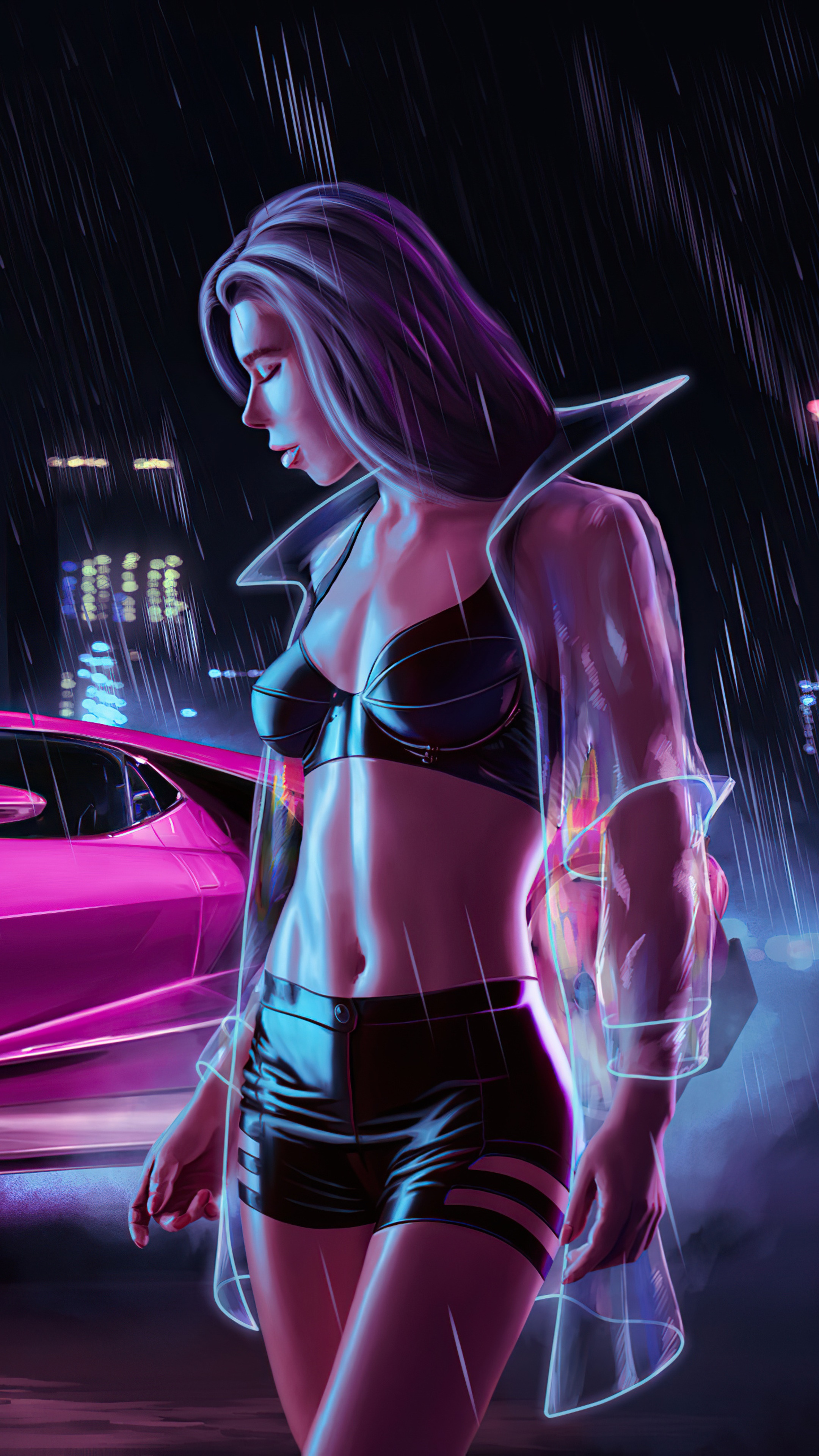Cyberpunk woman in a transparent coat in the rain HD Phone Wallpaper