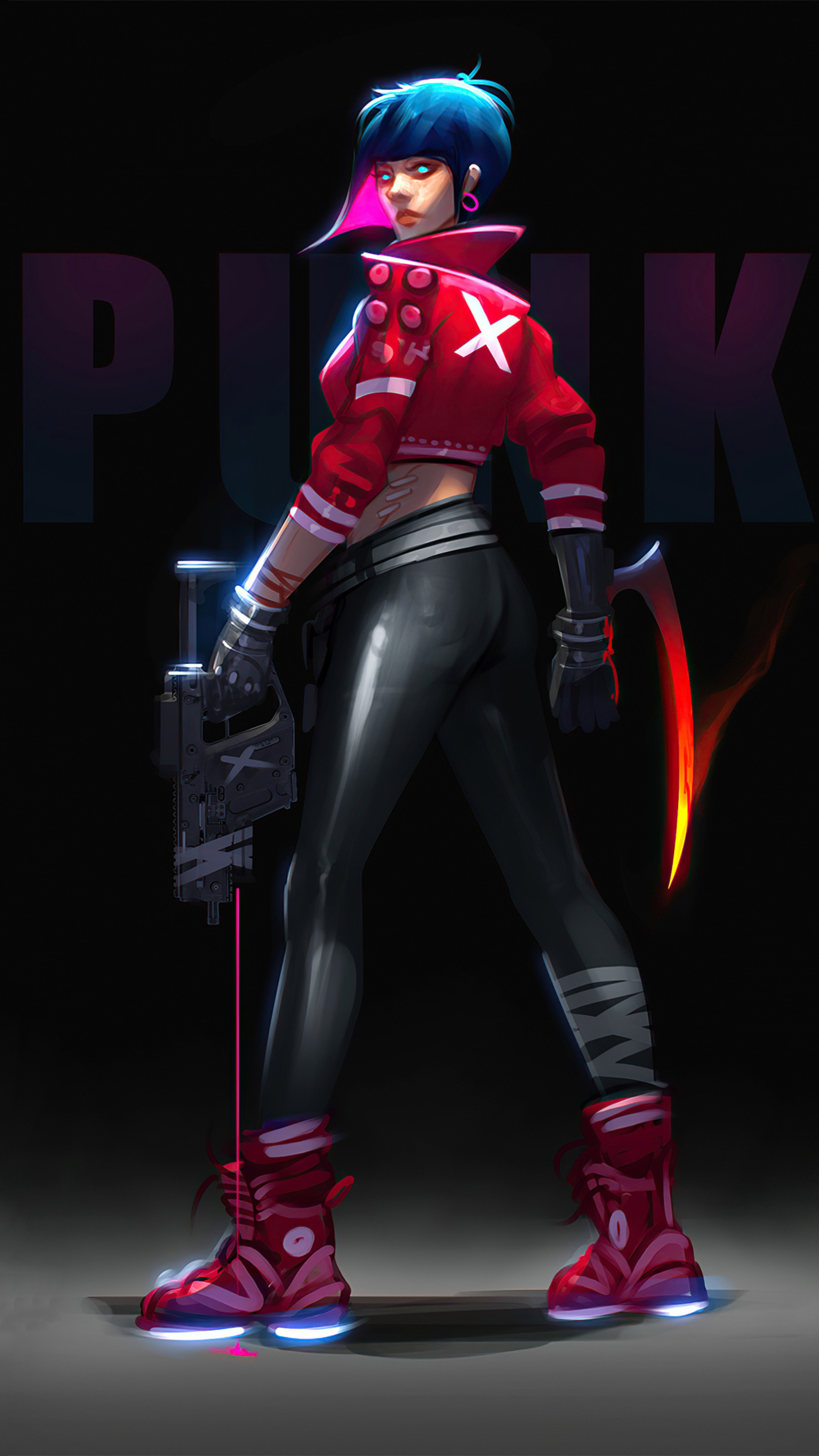 Artwork of a cyberpunk woman with a gun and scythe HD Phone Wallpaper