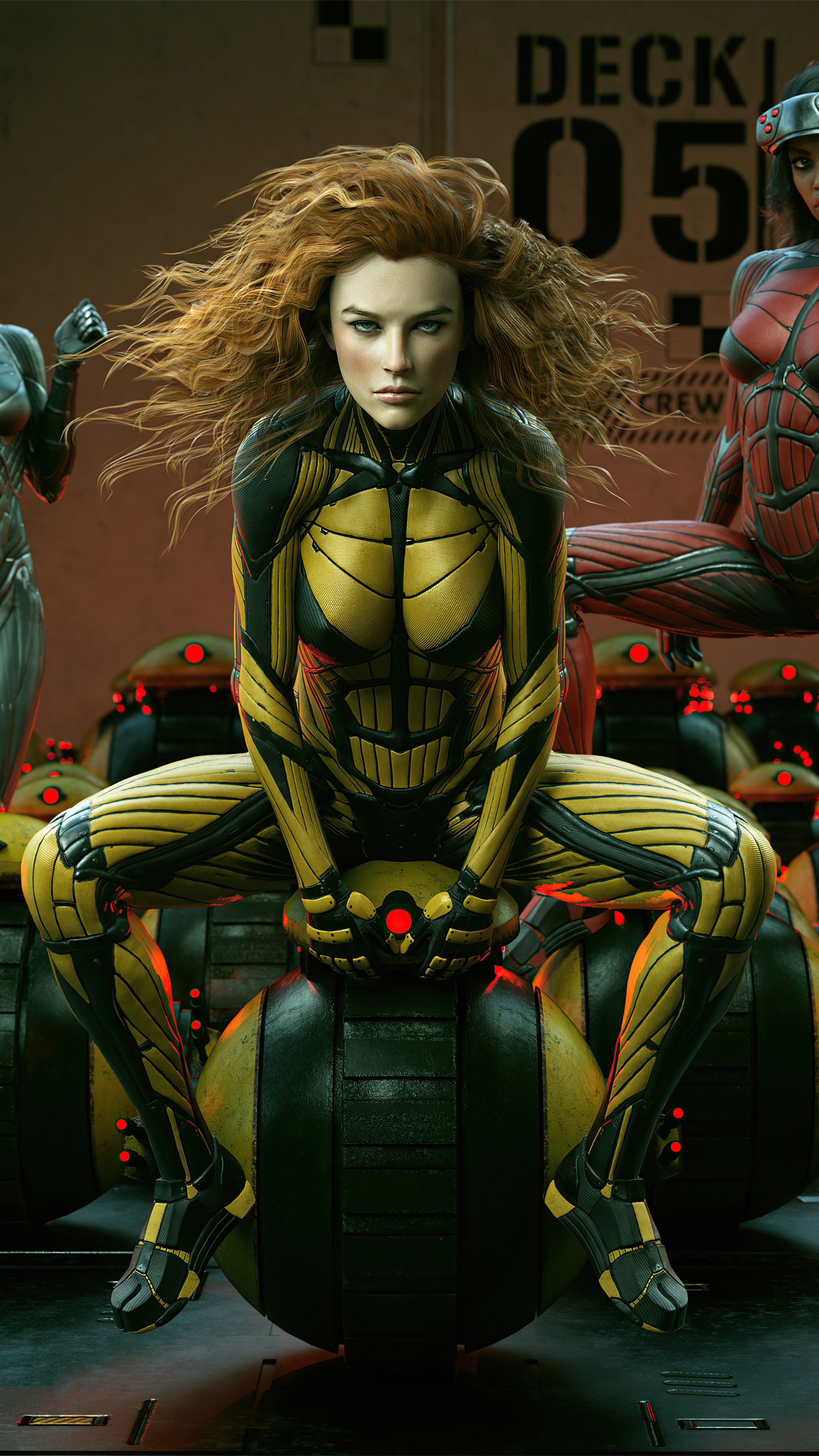 Woman in yellow and black suit sitting on a bomb HD Phone Wallpaper