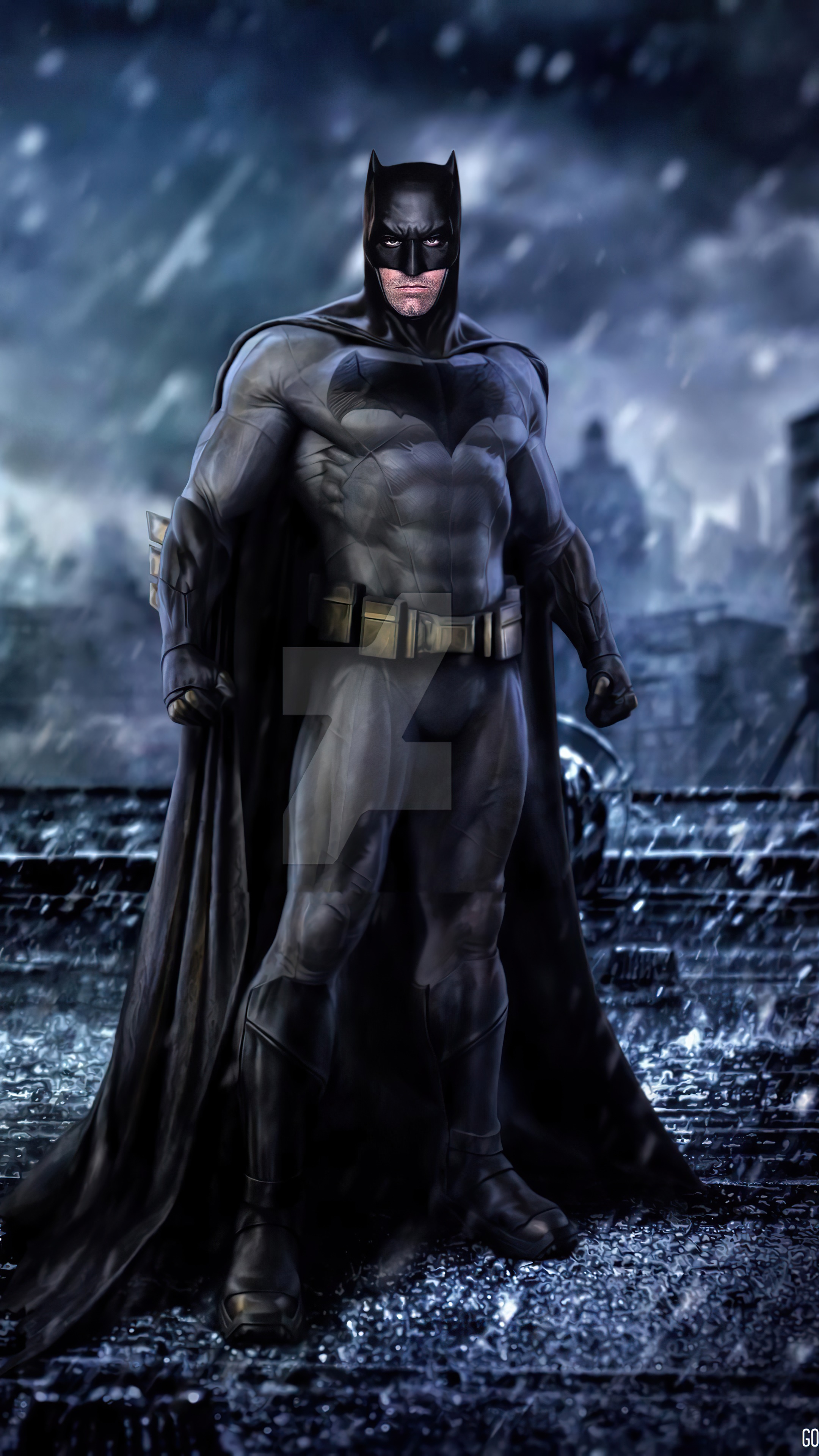 Batman standing in a rainy city HD Phone Wallpaper