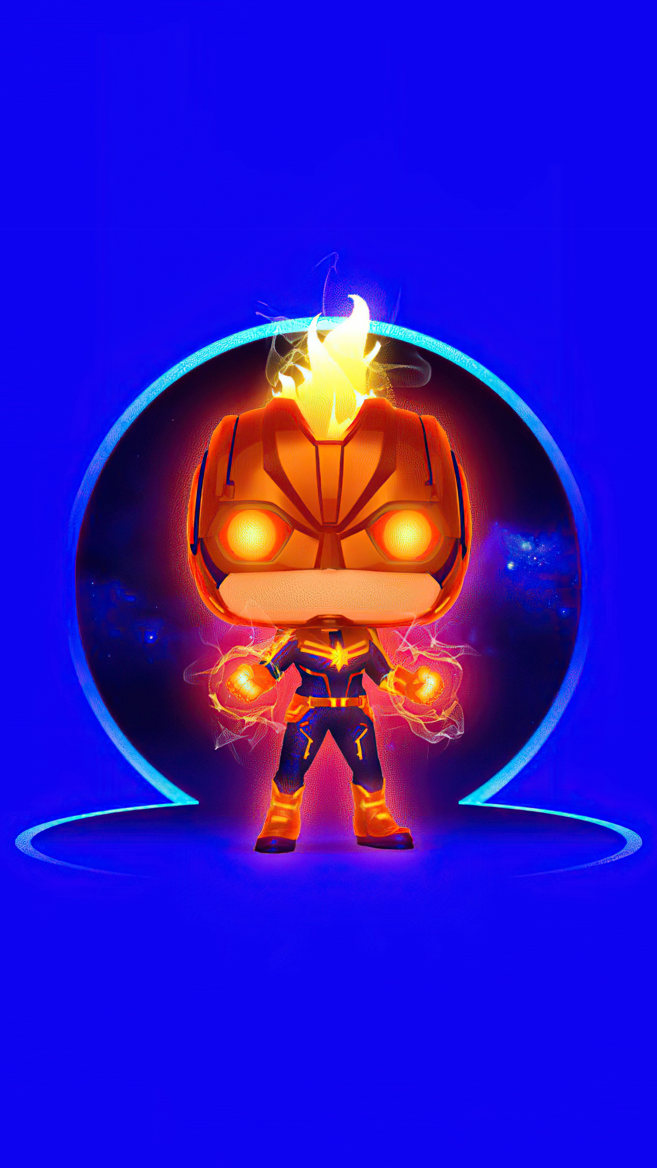 Captain Marvel Funko Pop with fire effects HD Phone Wallpaper
