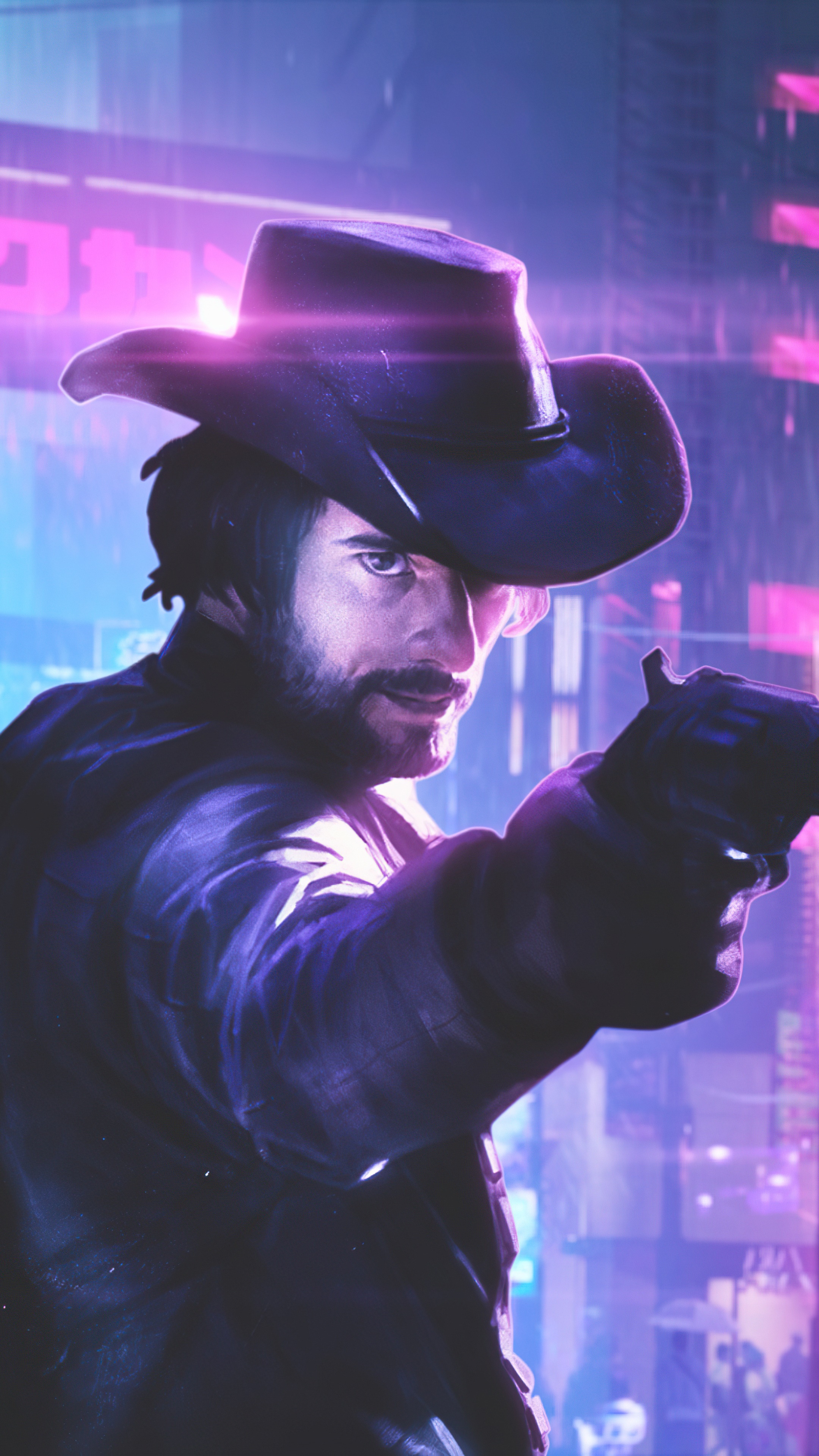 Cyberpunk Cowboy with Gun HD Phone Wallpaper