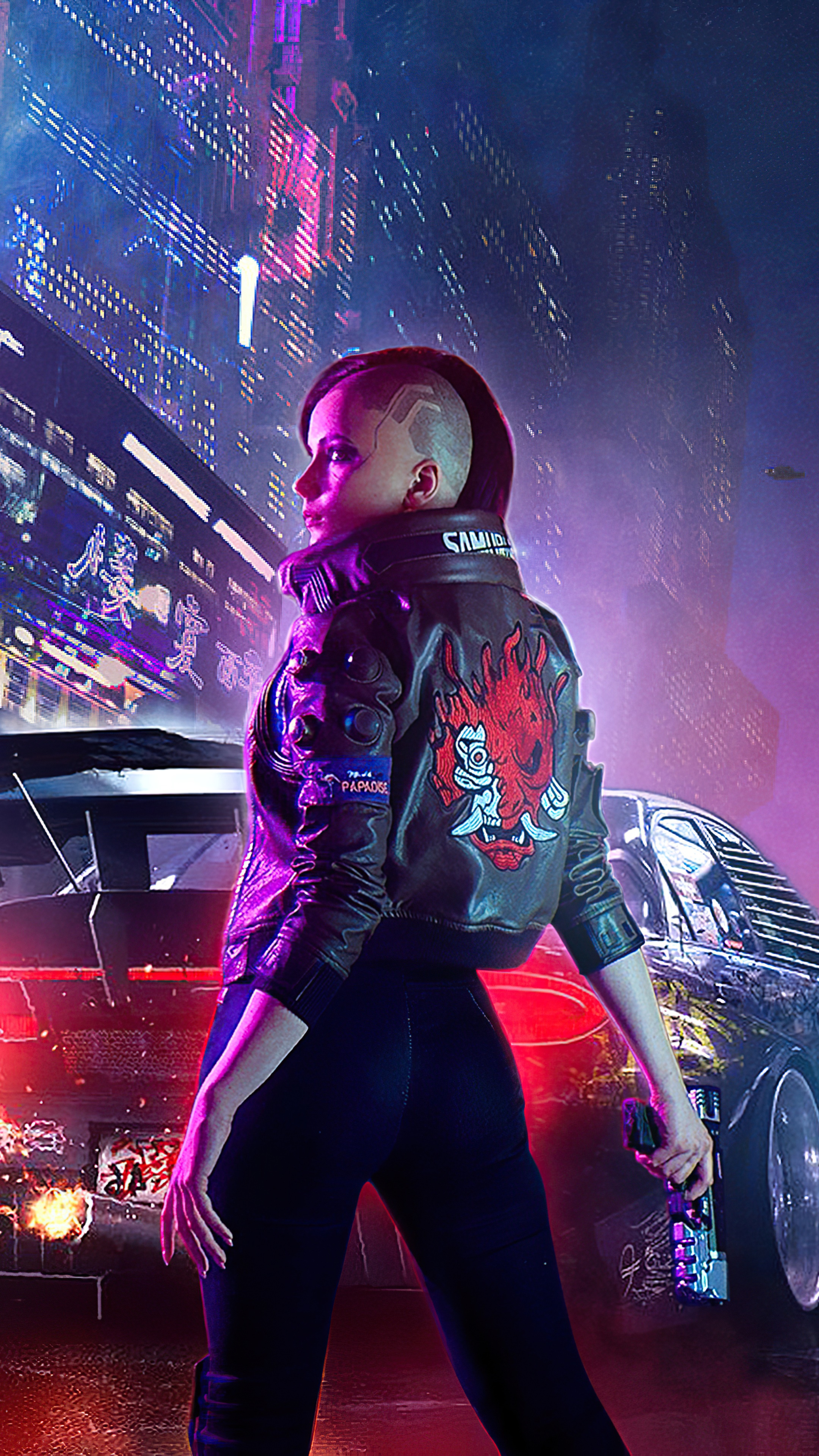 Female character from Cyberpunk 2077 with a car HD Phone Wallpaper