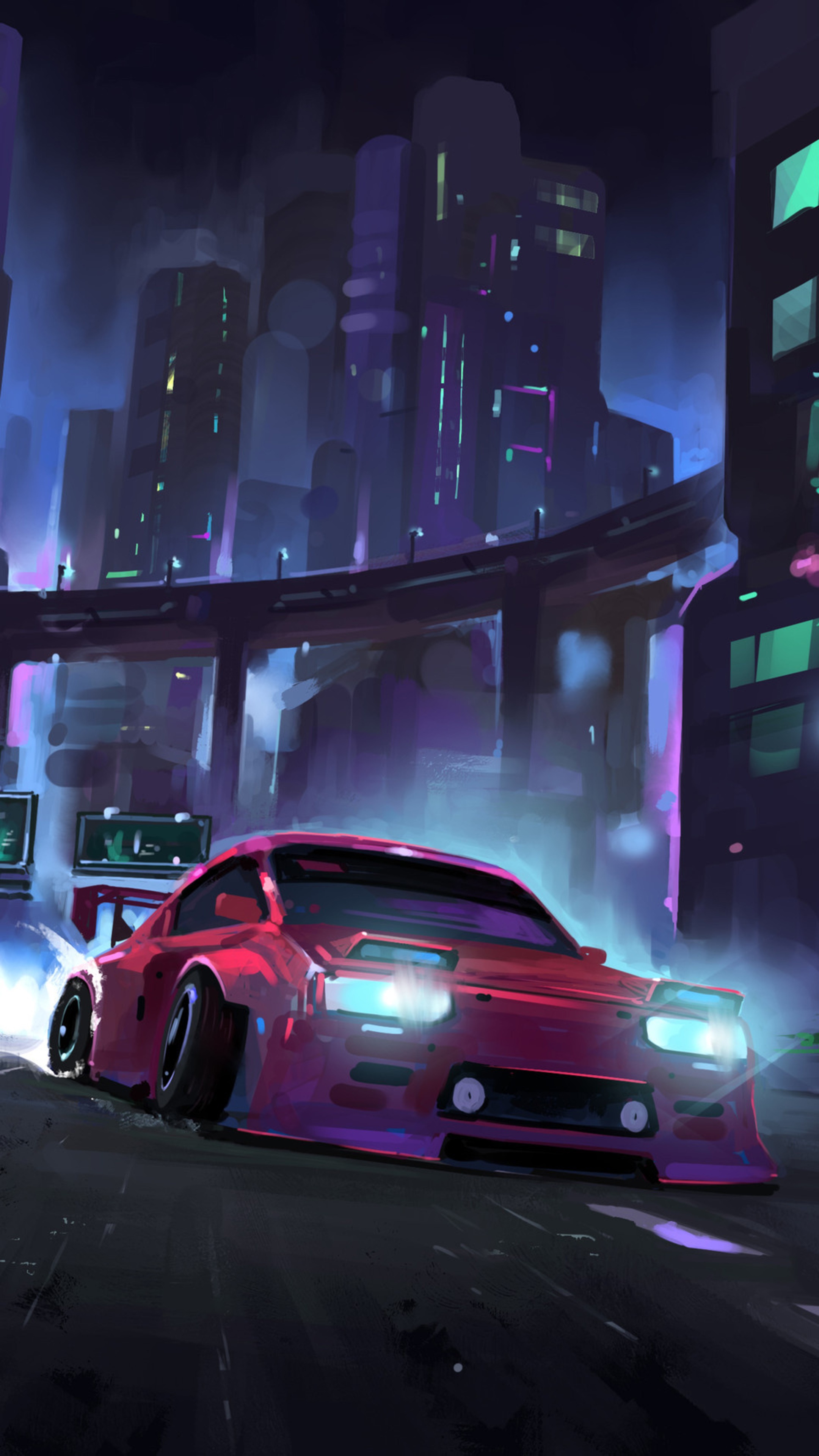 Red sports car in a futuristic city at night HD Phone Wallpaper