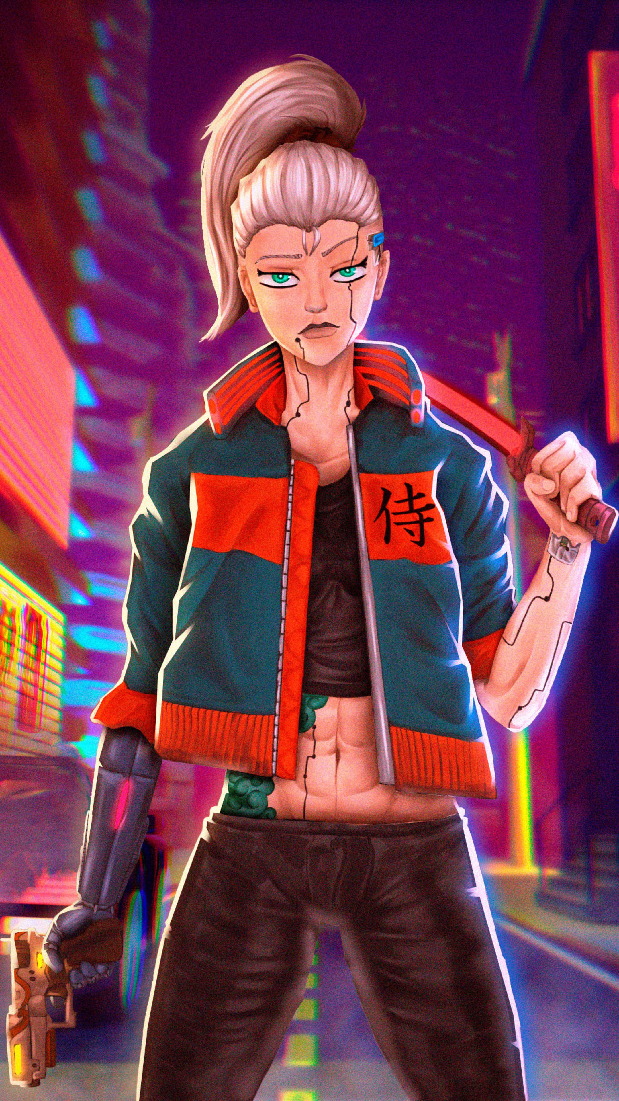 Cyberpunk 2077 character with sword and gun HD Phone Wallpaper