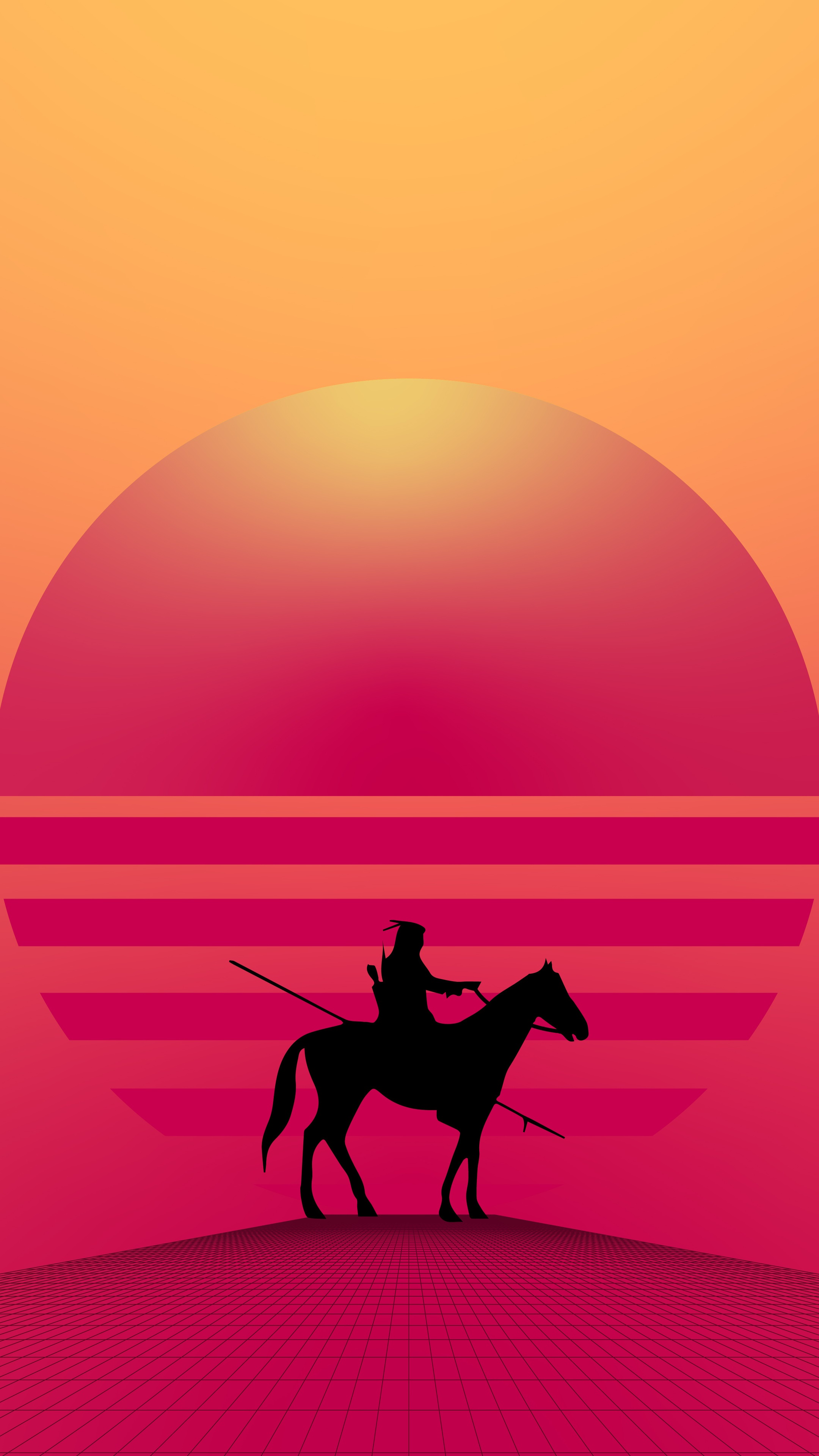 Silhouette of a warrior on horseback against a sunset HD Phone Wallpaper