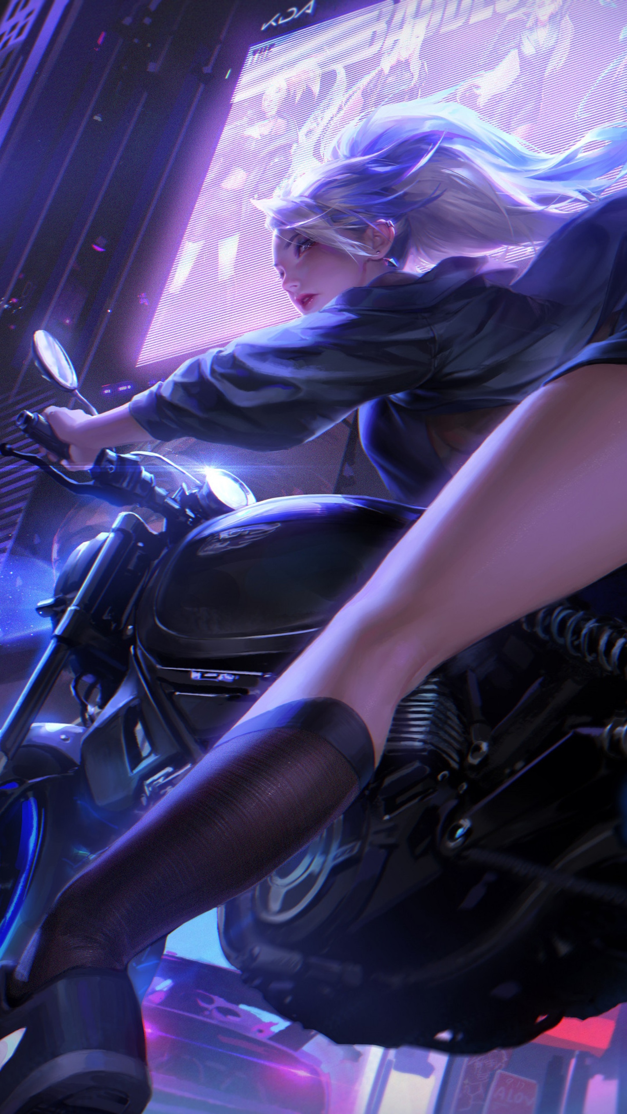 K/DA Akali riding a motorcycle in a neon city HD Phone Wallpaper