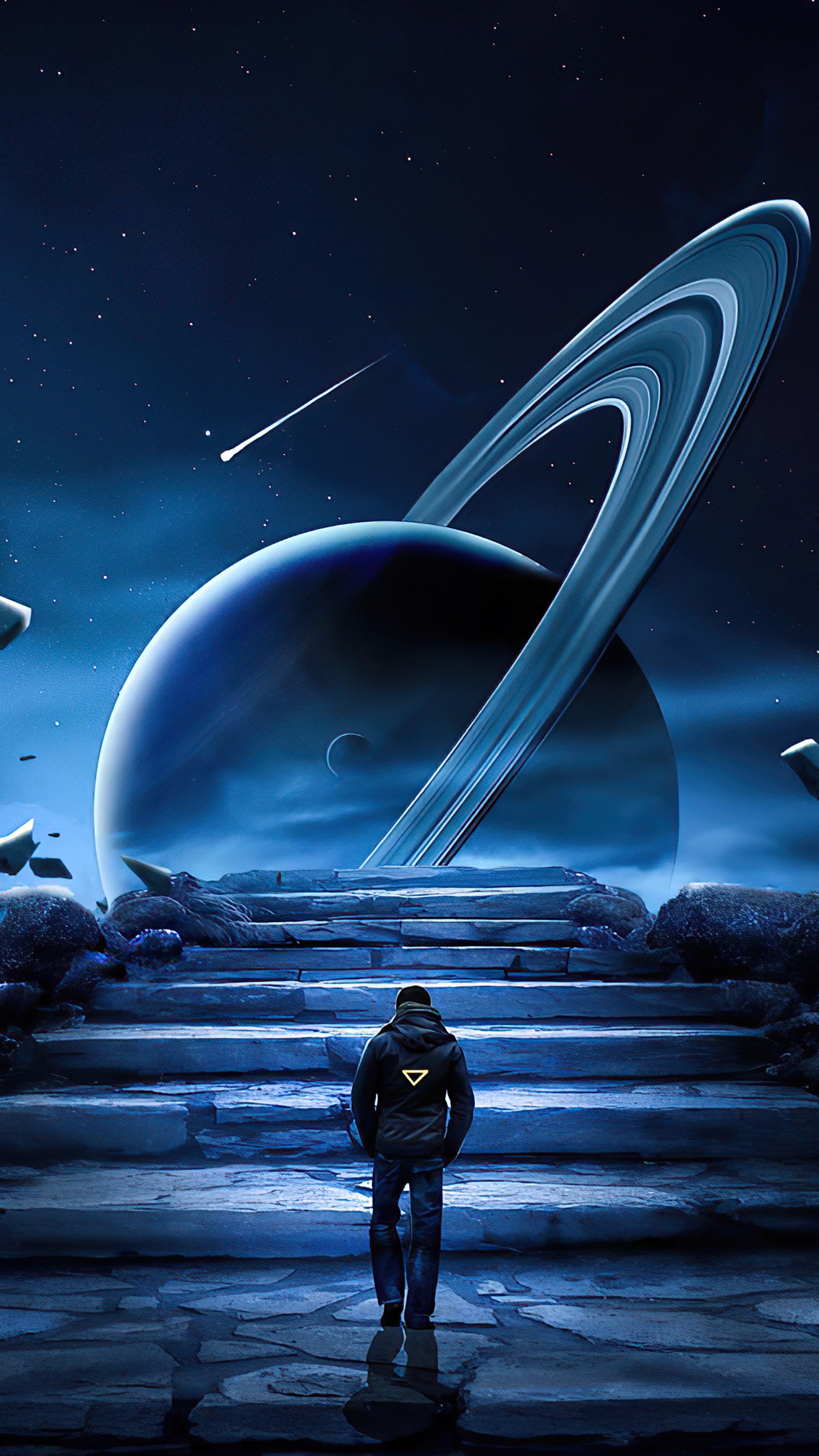 Man on stairs looking at Saturn and shooting star HD Phone Wallpaper