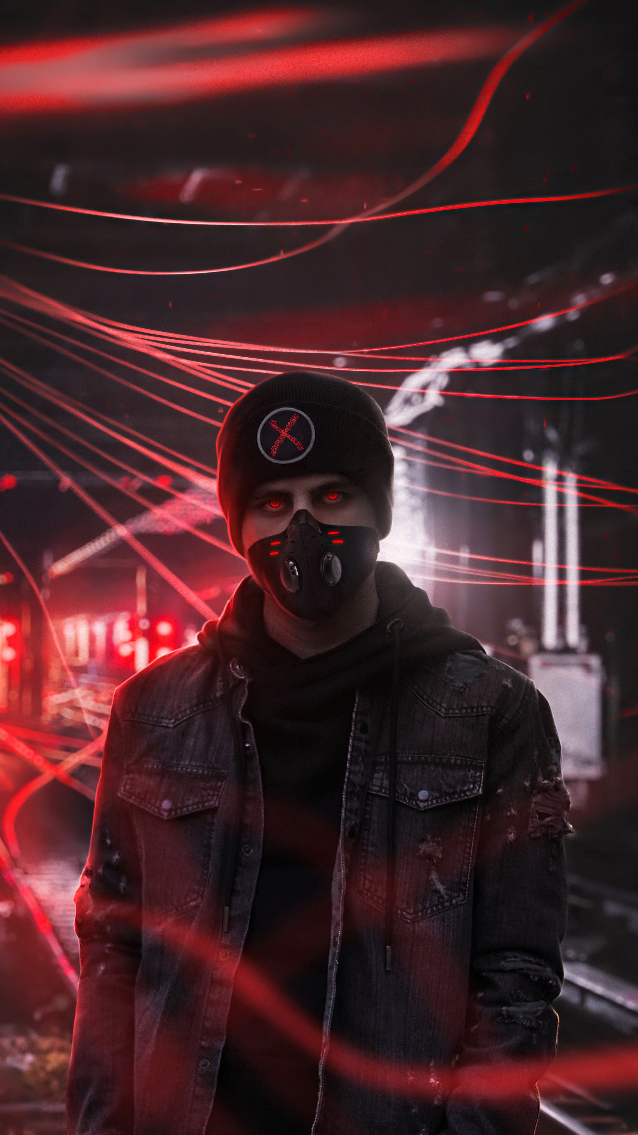 Man with mask and red eyes in digital art 4K HD Phone Wallpaper