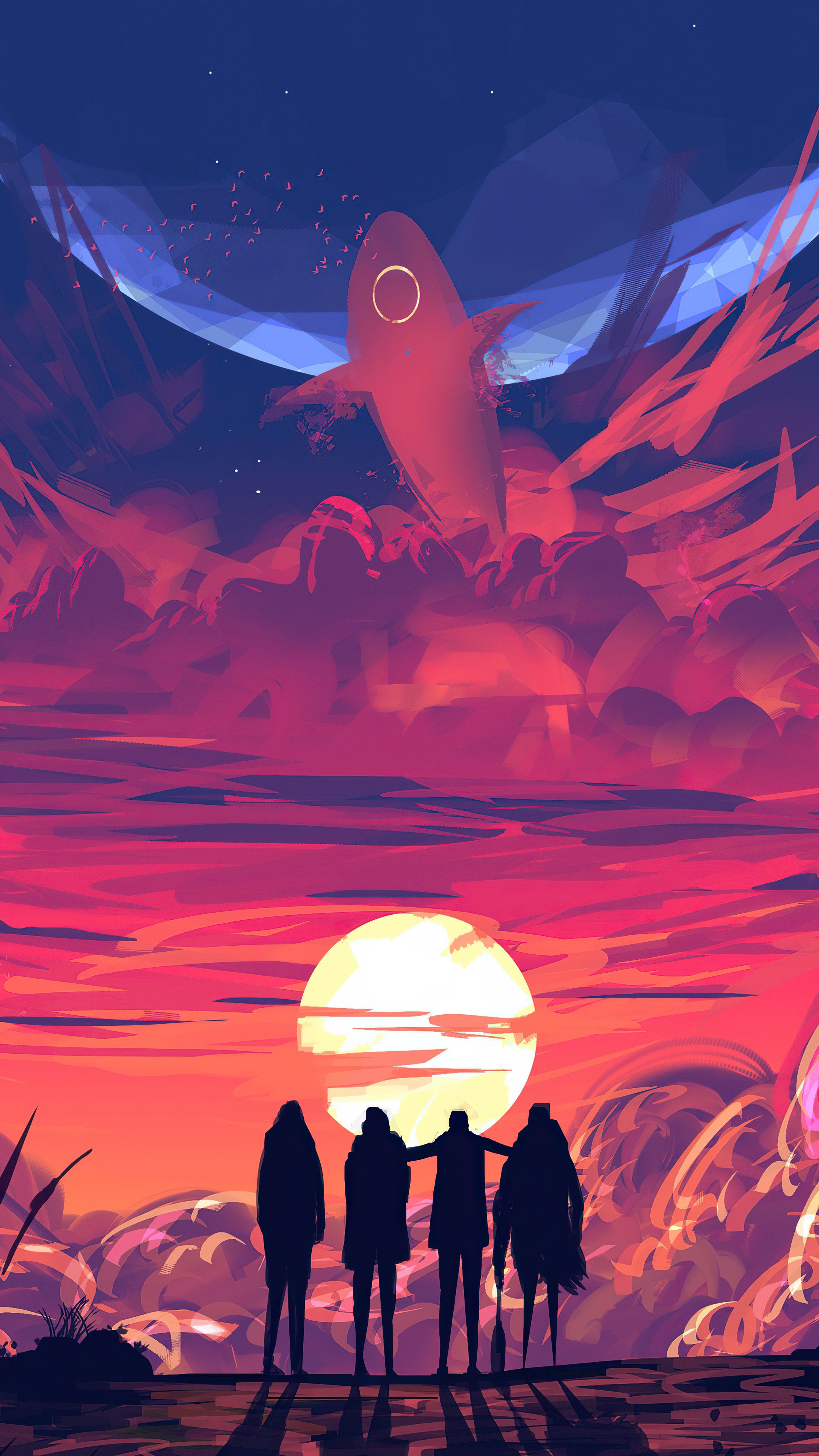 Digital Art of a Spaceship and Four Silhouettes at Sunset HD Phone Wallpaper