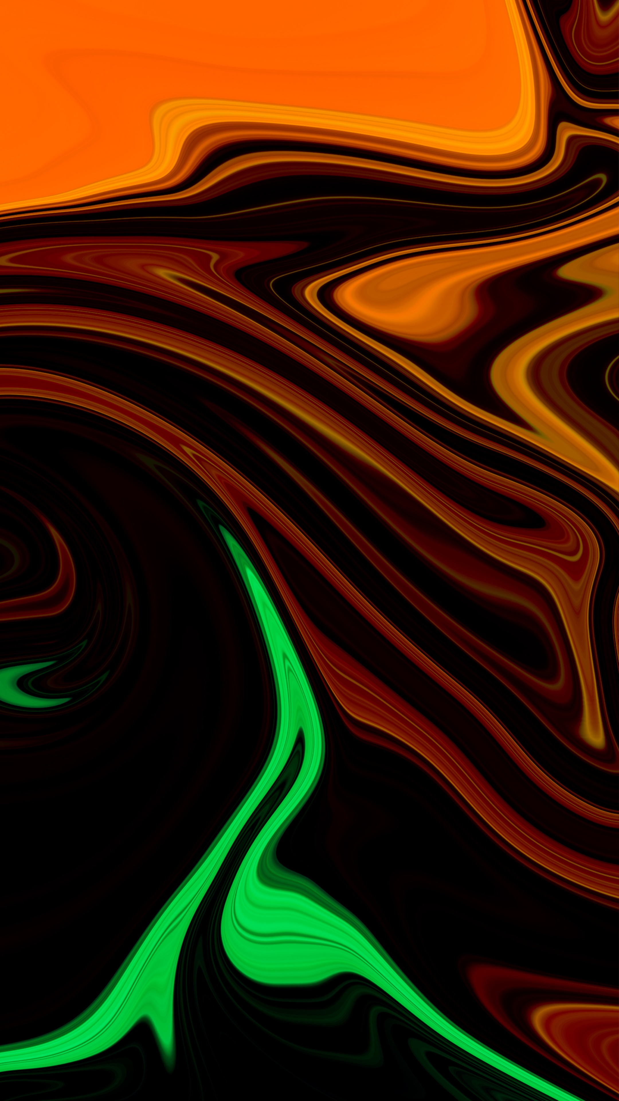 Abstract digital art with orange, black, and green swirls HD Phone Wallpaper