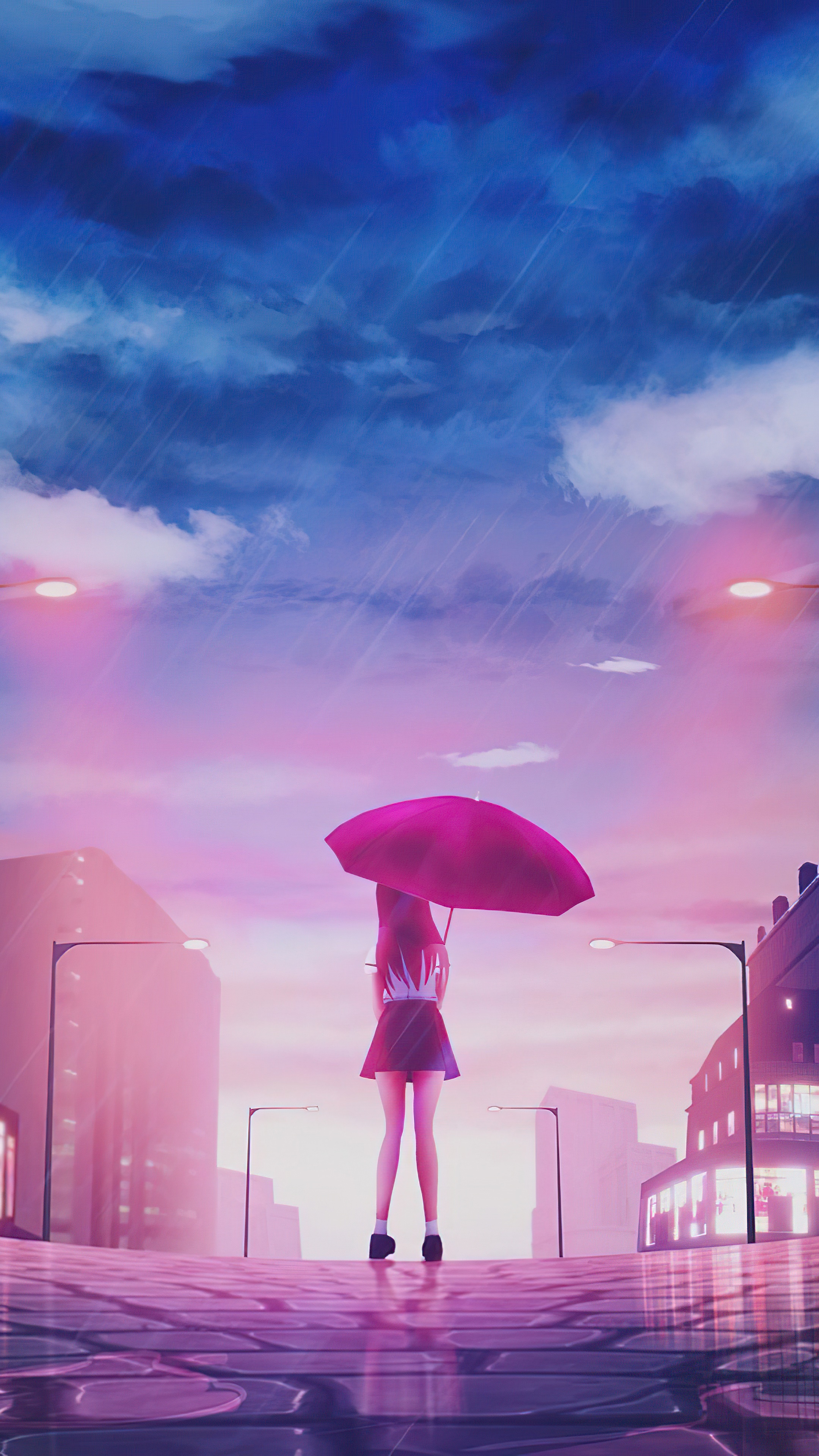 Girl with Umbrella in Rainy City HD Phone Wallpaper
