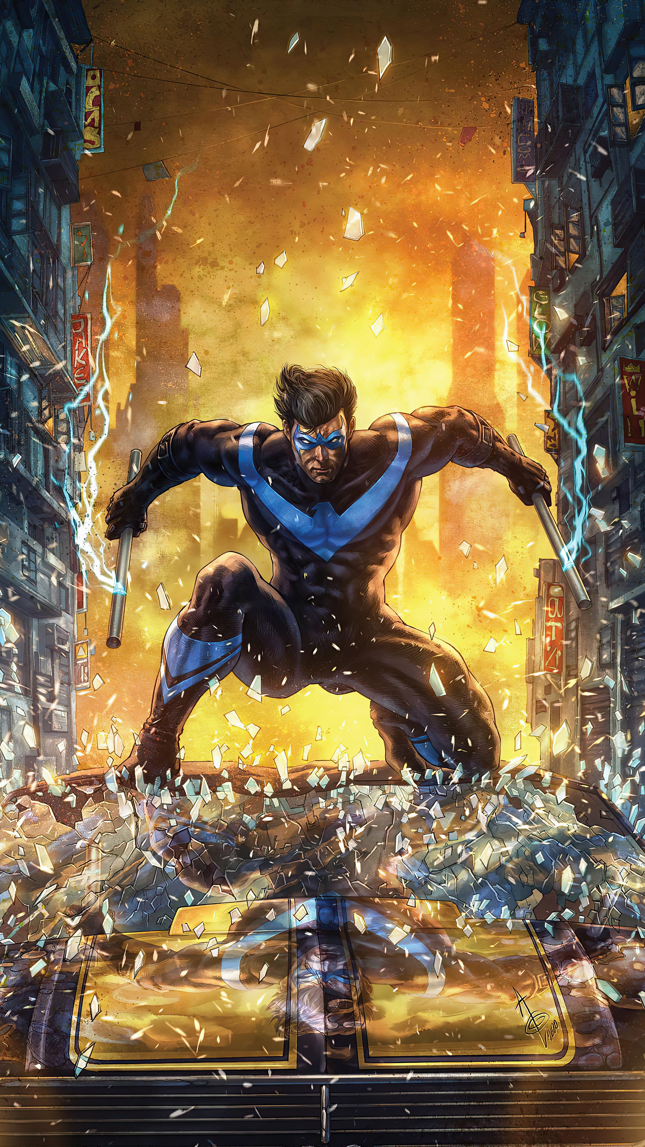 Nightwing in a city street with debris HD Phone Wallpaper