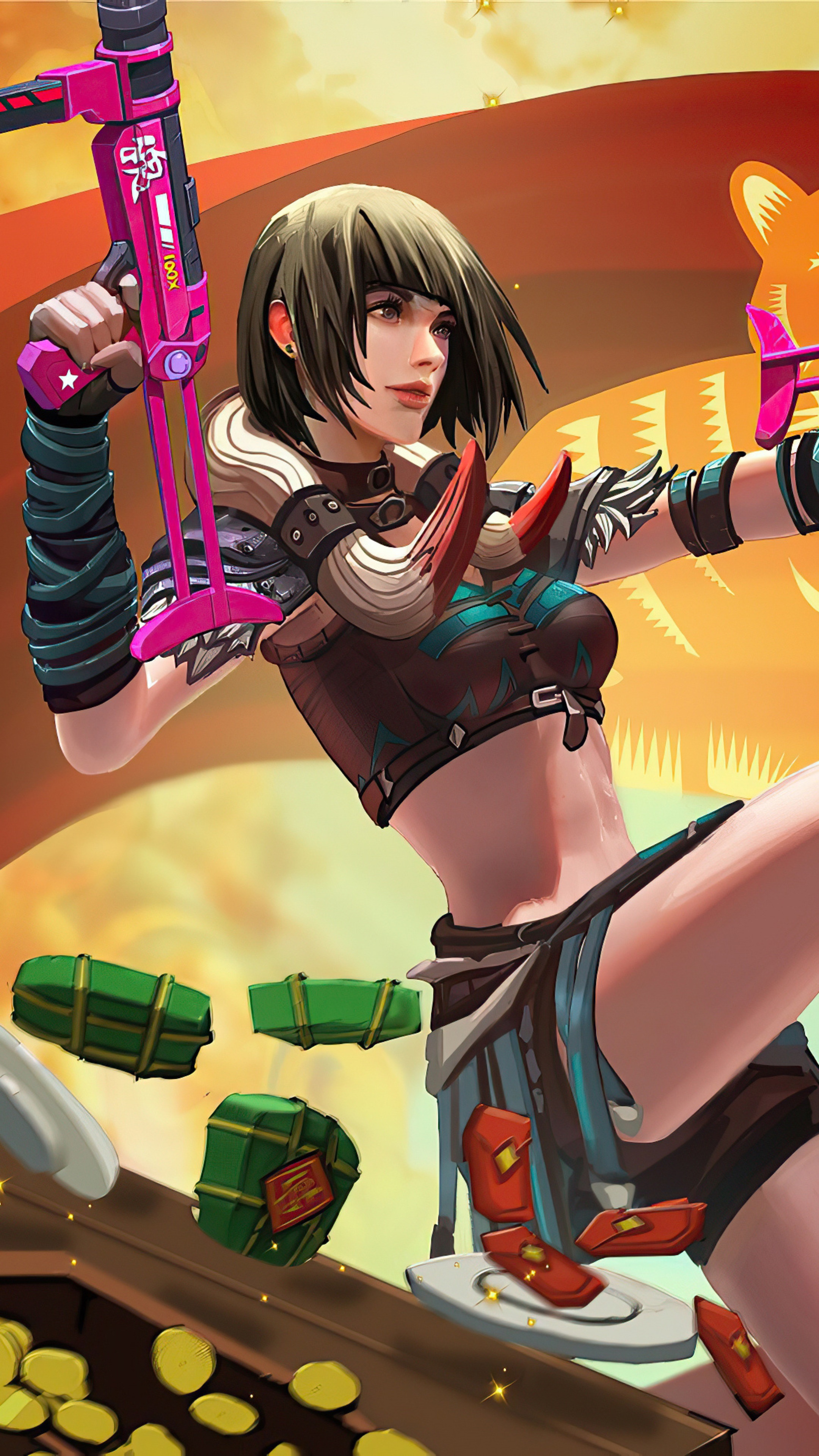 Woman with pink gun in Garena Free Fire 4K HD Phone Wallpaper