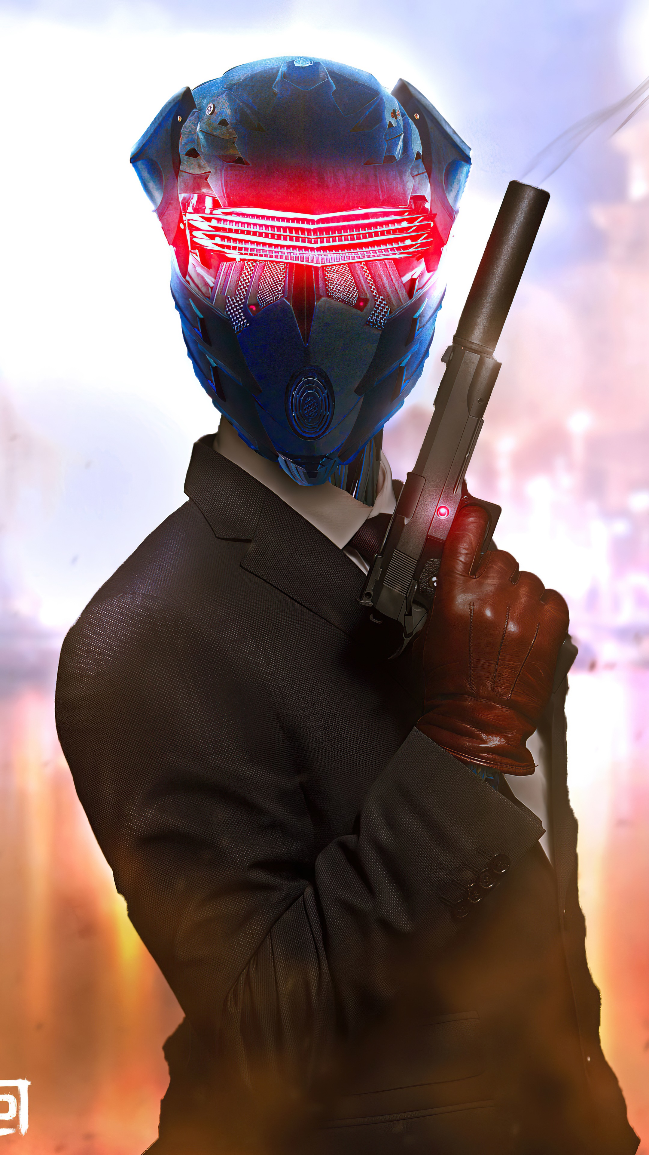 Man in suit with futuristic helmet holding gun HD Phone Wallpaper