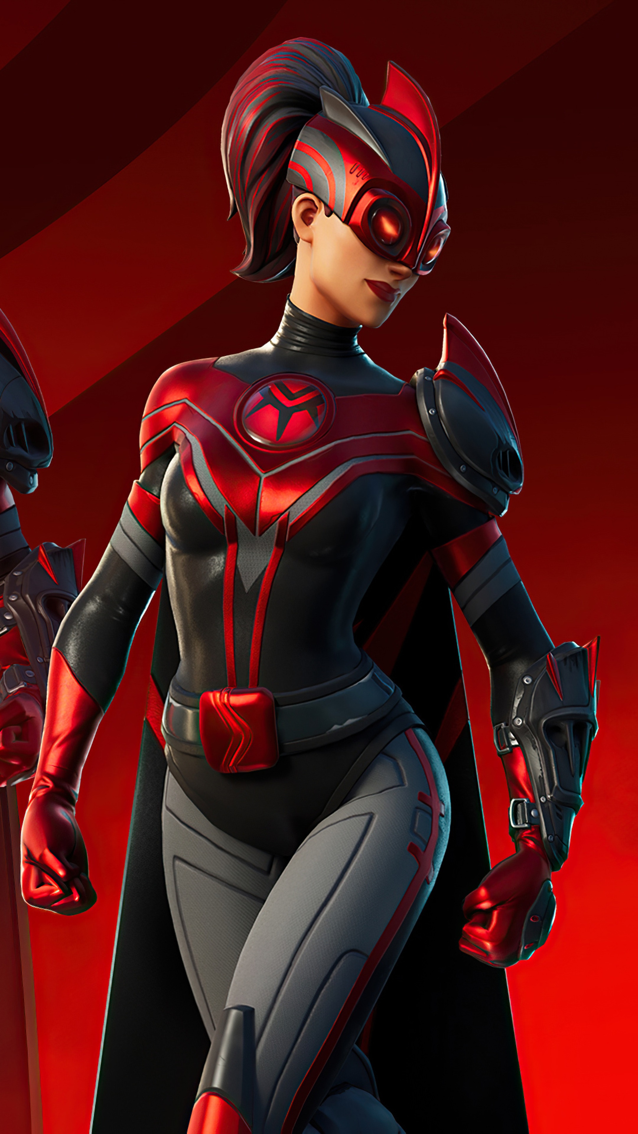 Fortnite character in red and black suit HD Phone Wallpaper