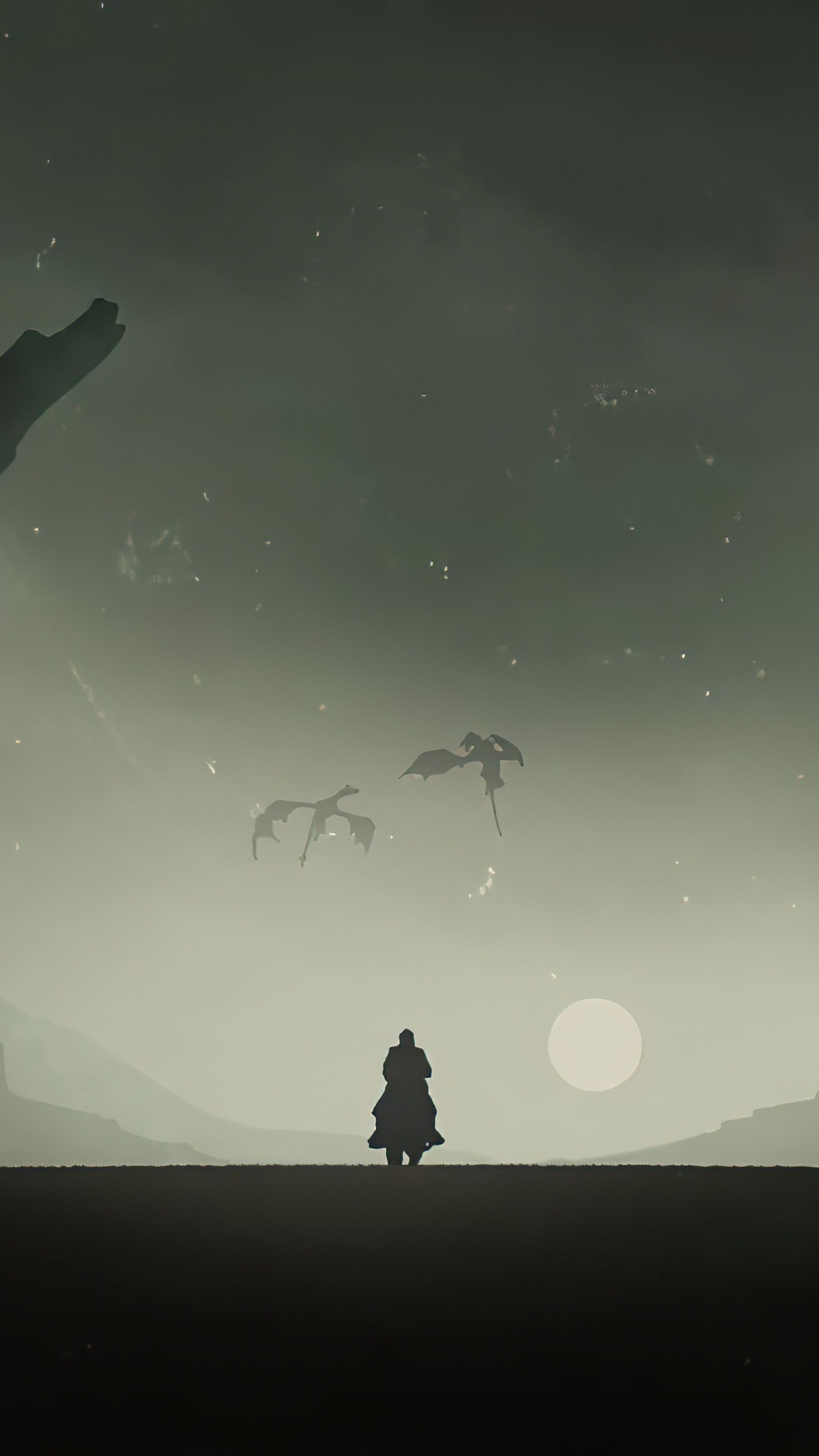 Silhouette of a person on horseback with dragons flying in the sky HD Phone Wallpaper