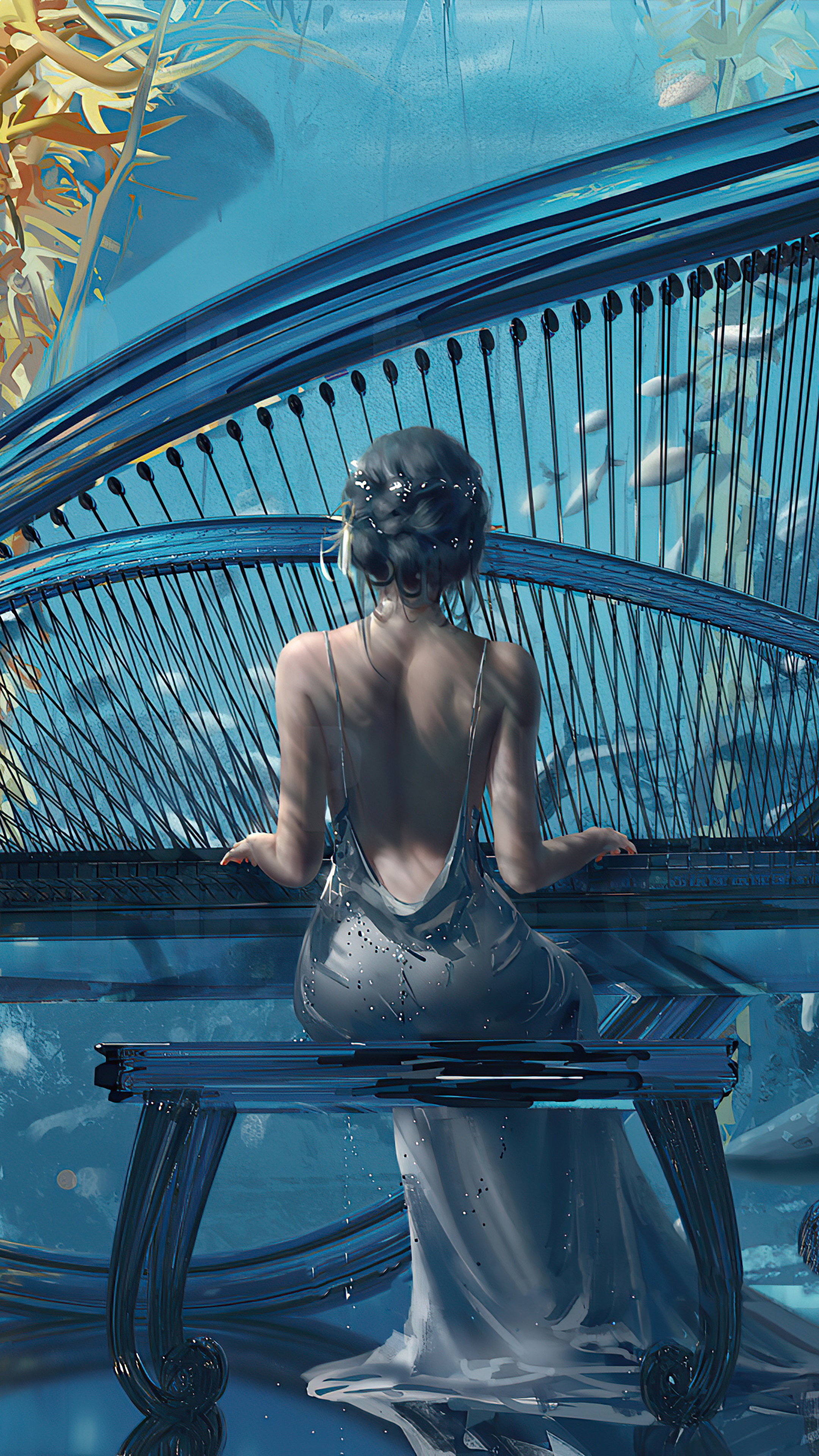 Woman playing a piano underwater with fish HD Phone Wallpaper