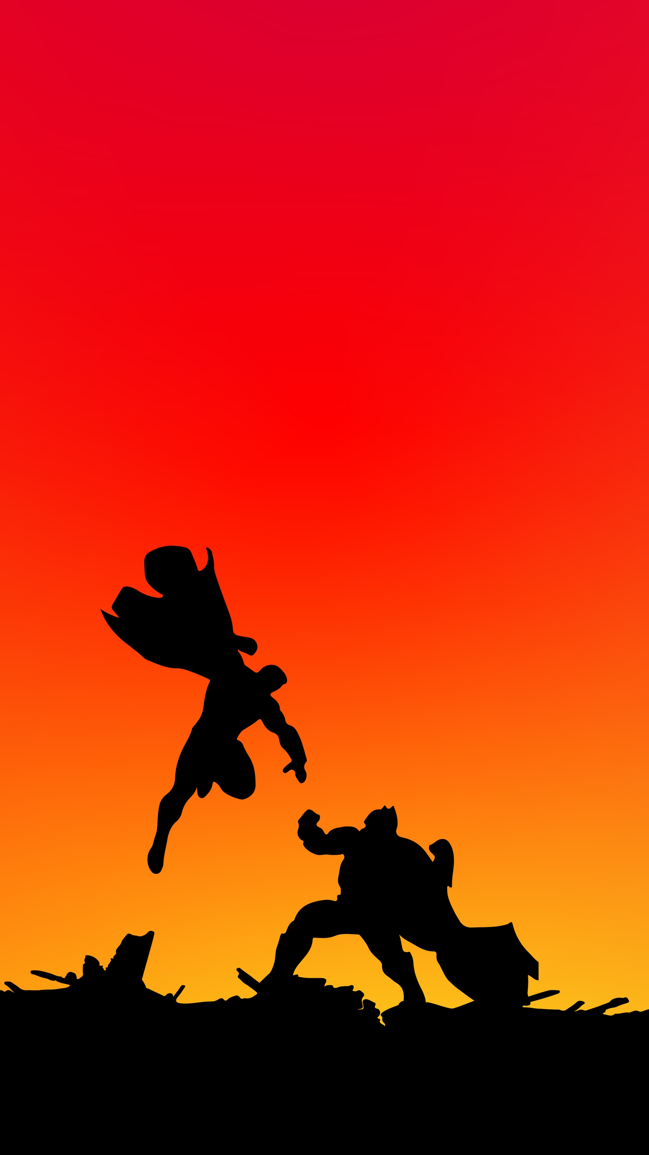 Superman and Batman silhouettes fighting at sunset HD Phone Wallpaper