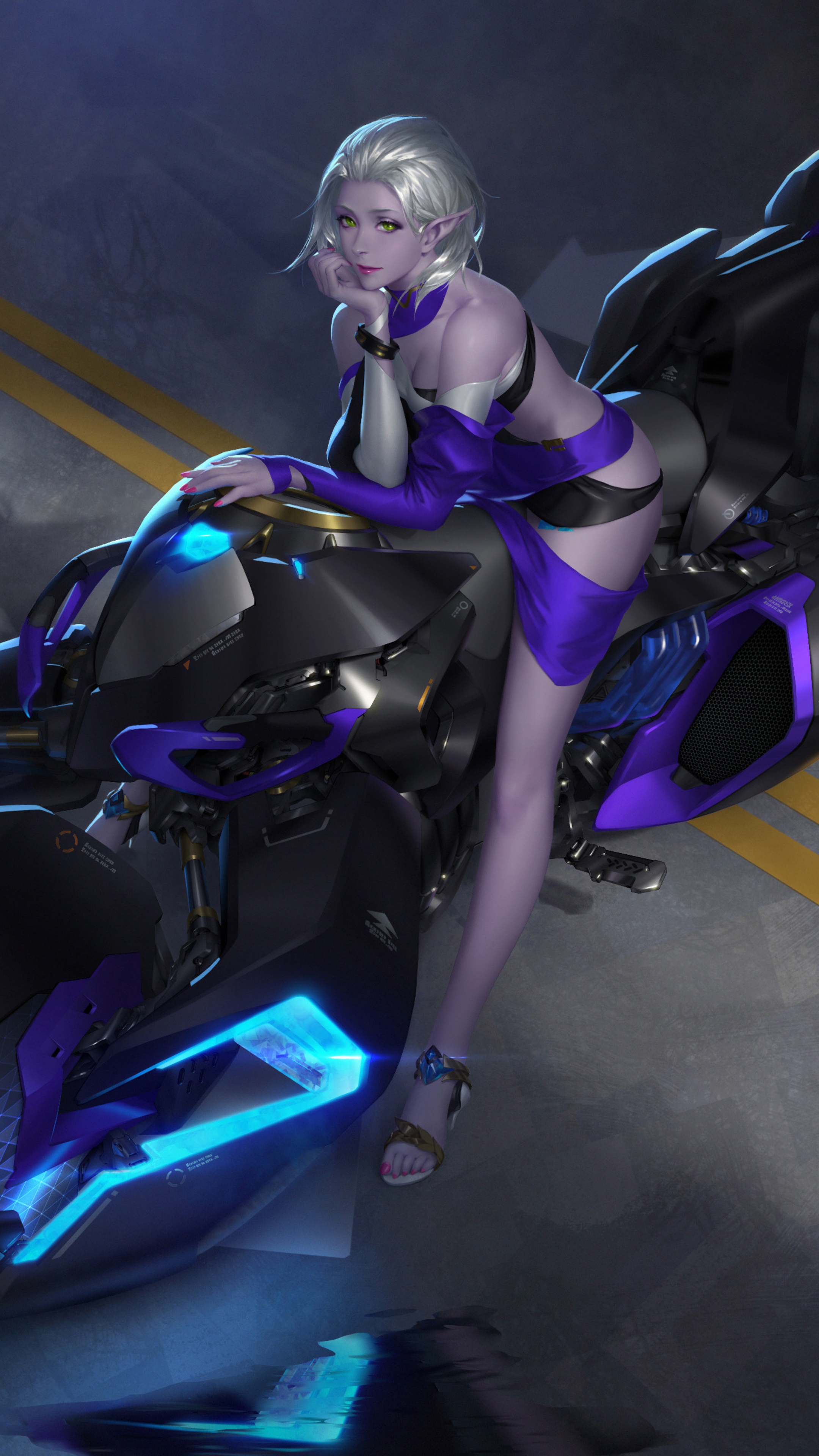 Elf woman with purple outfit on a futuristic motorcycle HD Phone Wallpaper