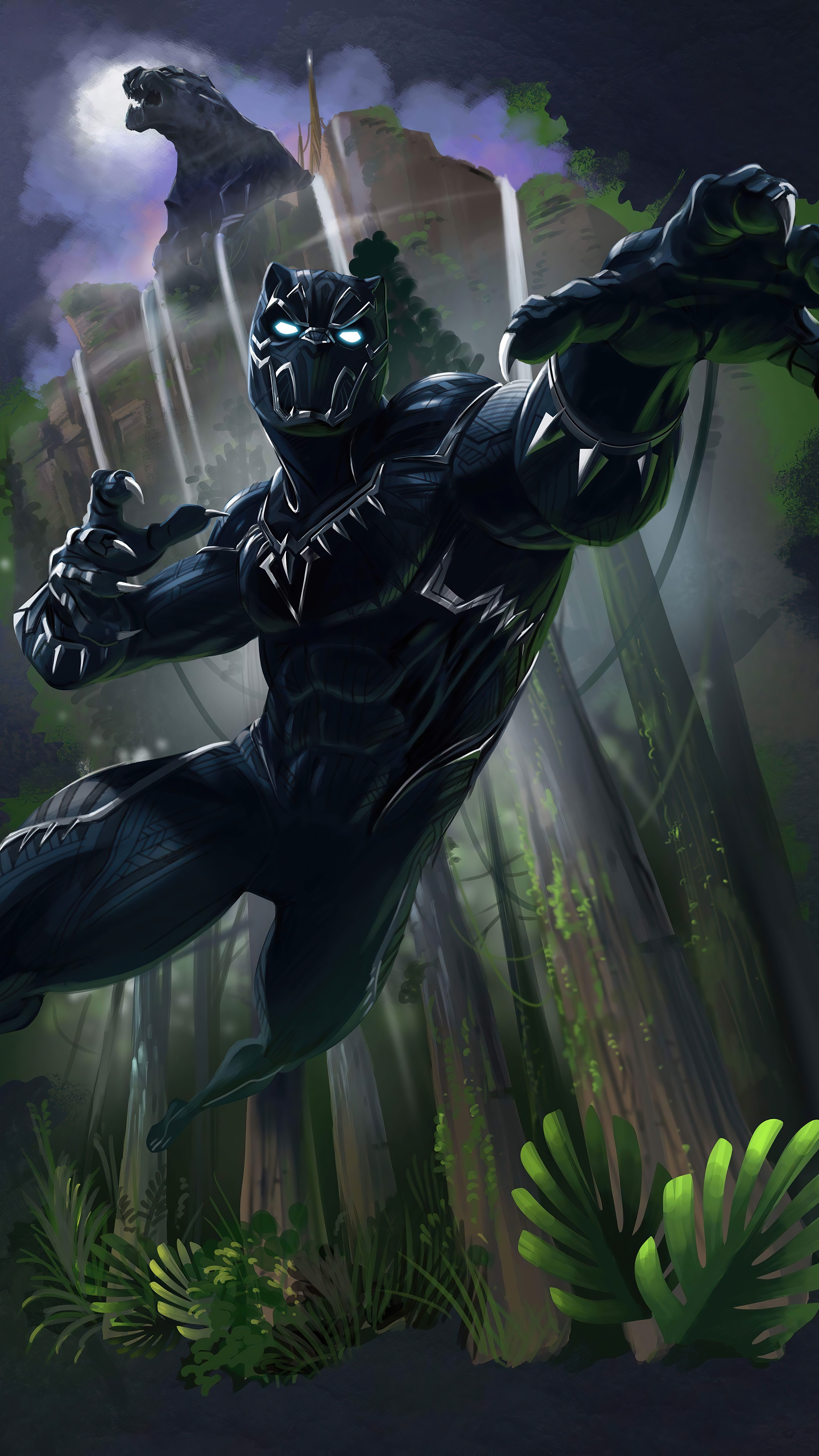 Black Panther in a forest with waterfalls HD Phone Wallpaper