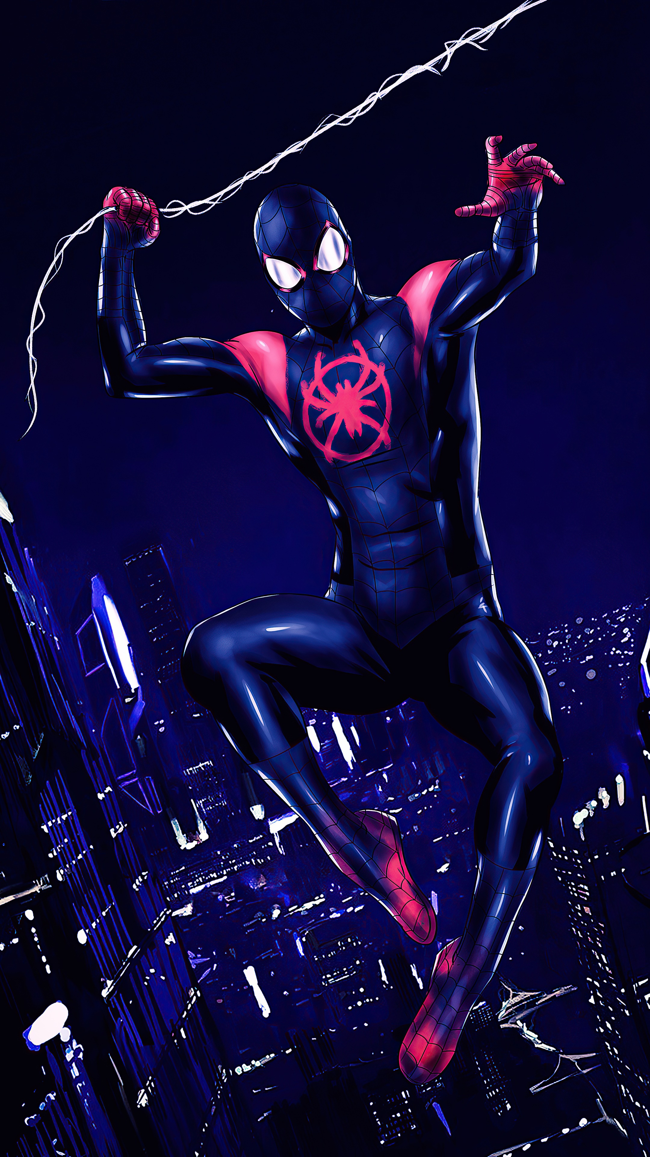 Miles Morales Spider-Man swinging through a city at night HD Phone Wallpaper