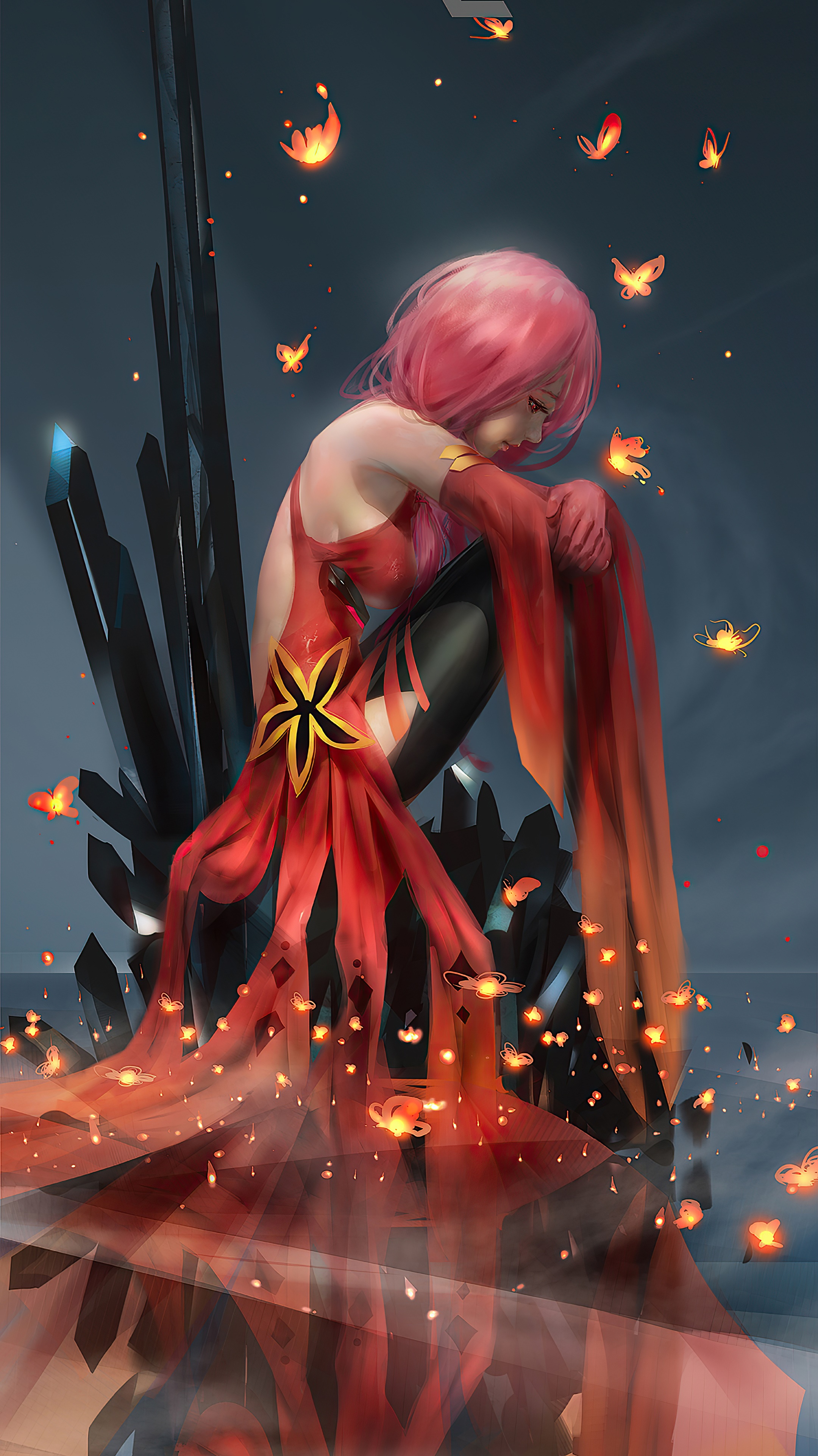 Girl in red dress with pink hair and butterflies HD Phone Wallpaper