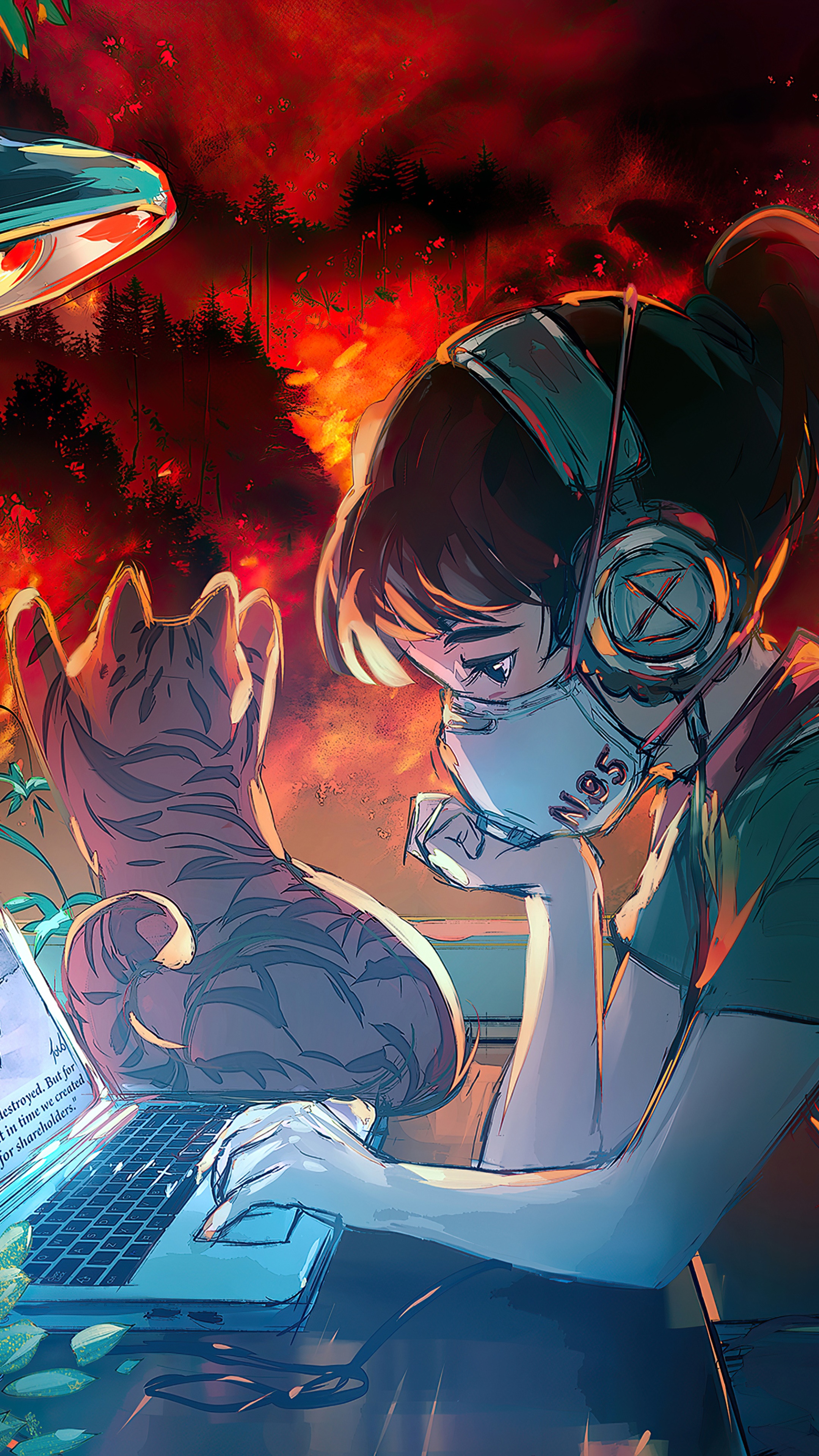 Girl with gas mask and cat in burning forest HD Phone Wallpaper