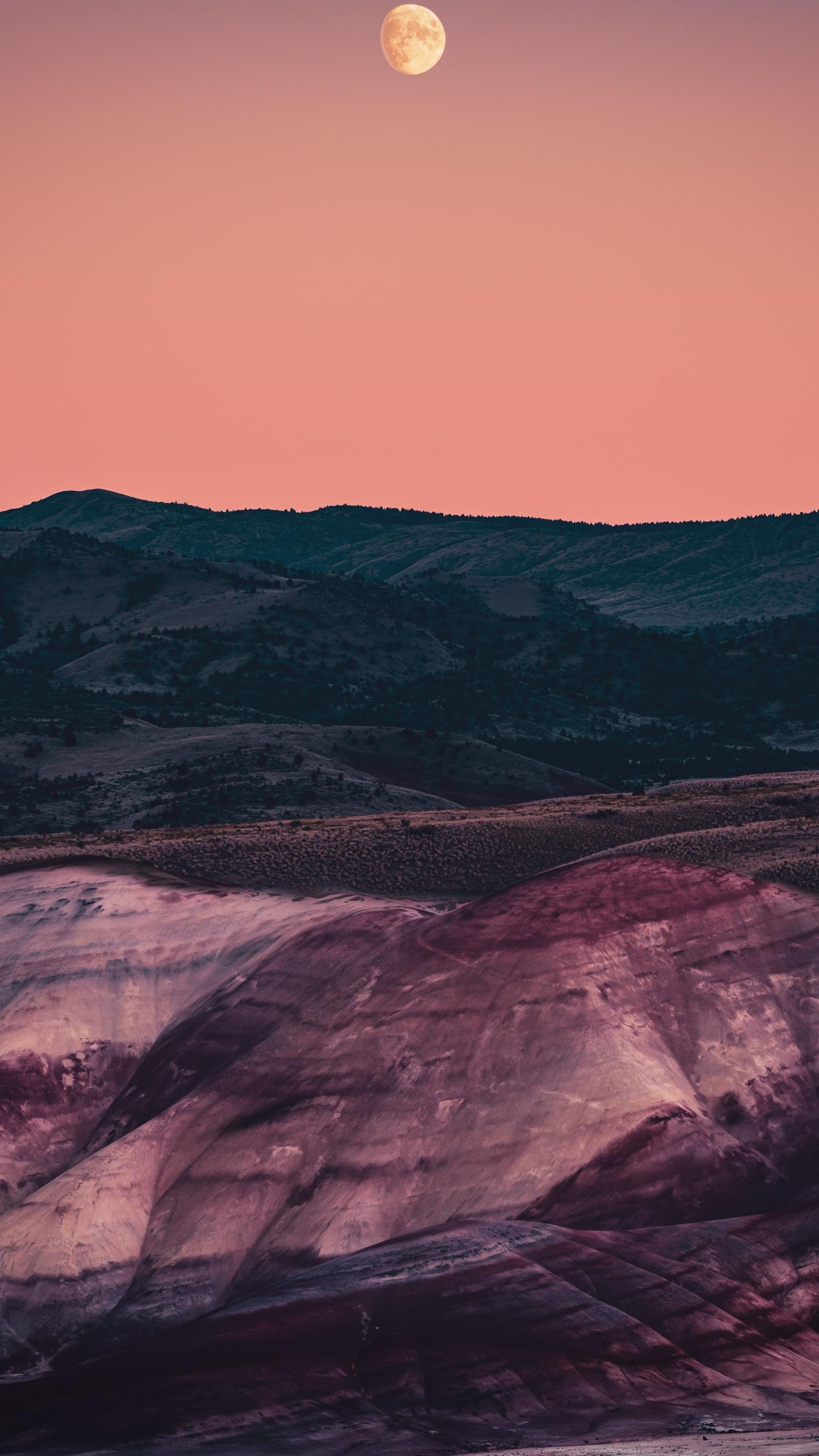 Full moon over painted hills at sunset HD Phone Wallpaper