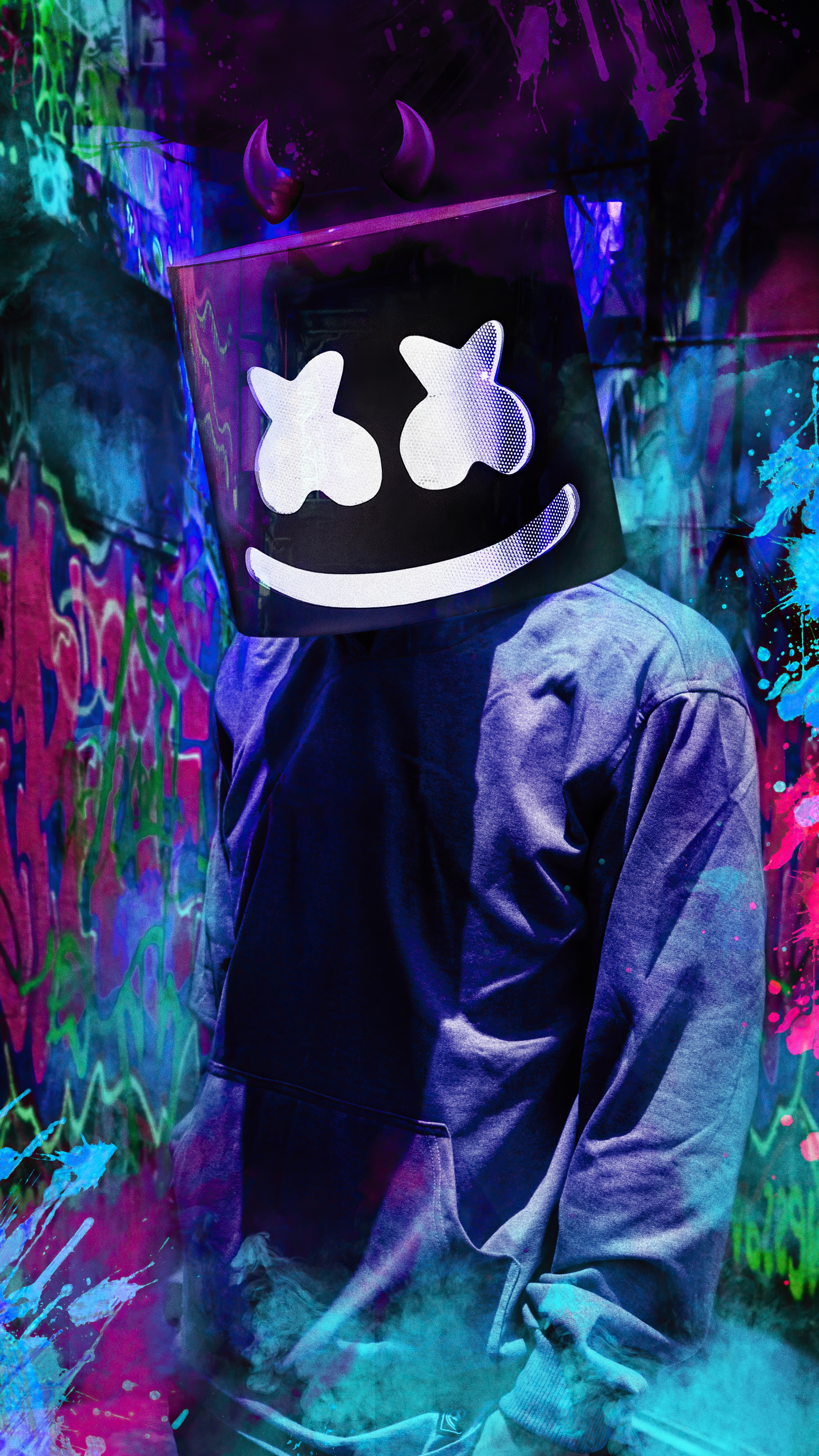 Marshmello wearing a mask with devil horns HD Phone Wallpaper