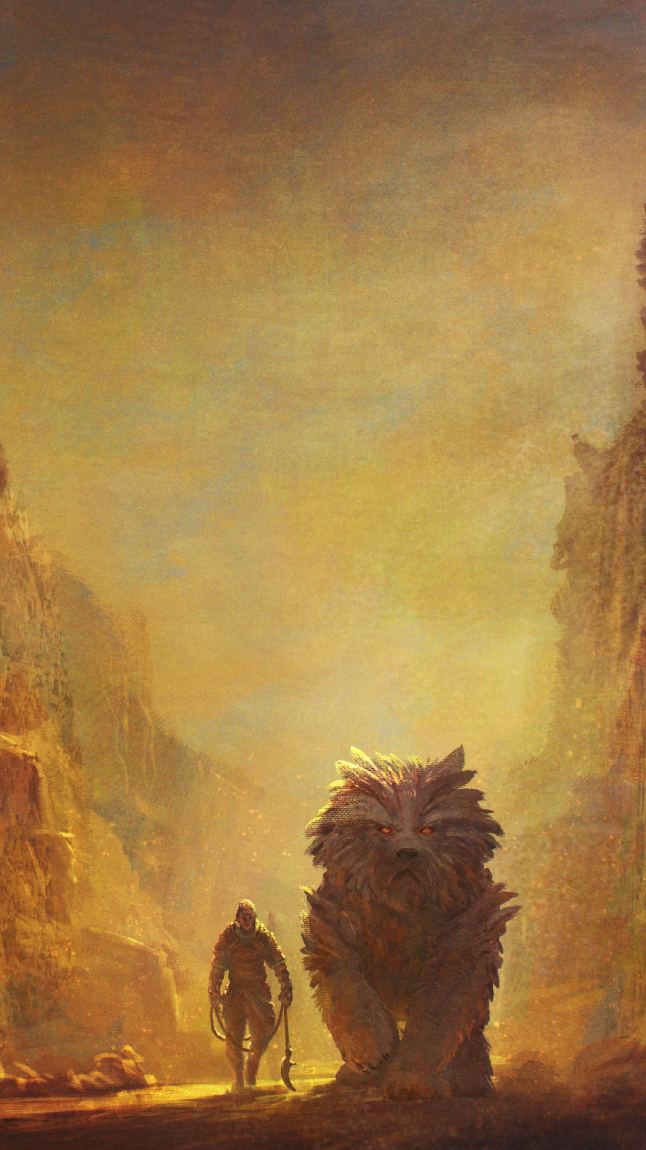 Man and creature in a canyon HD Phone Wallpaper