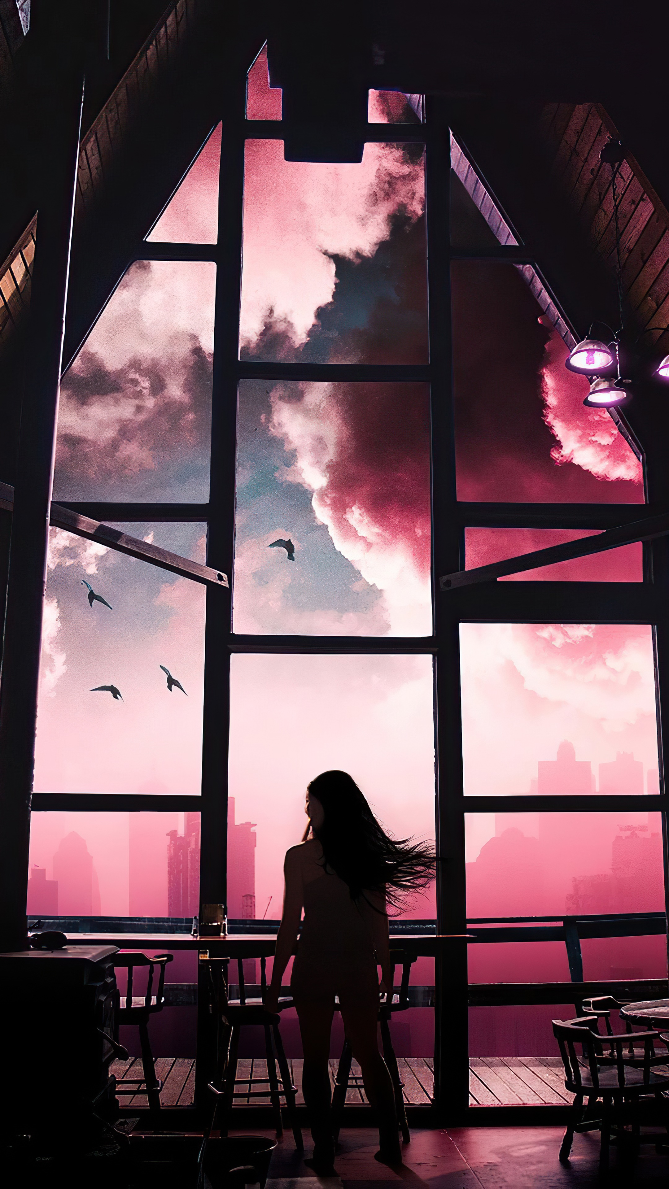 Digital Art of a Woman Looking Out a Large Window HD Phone Wallpaper