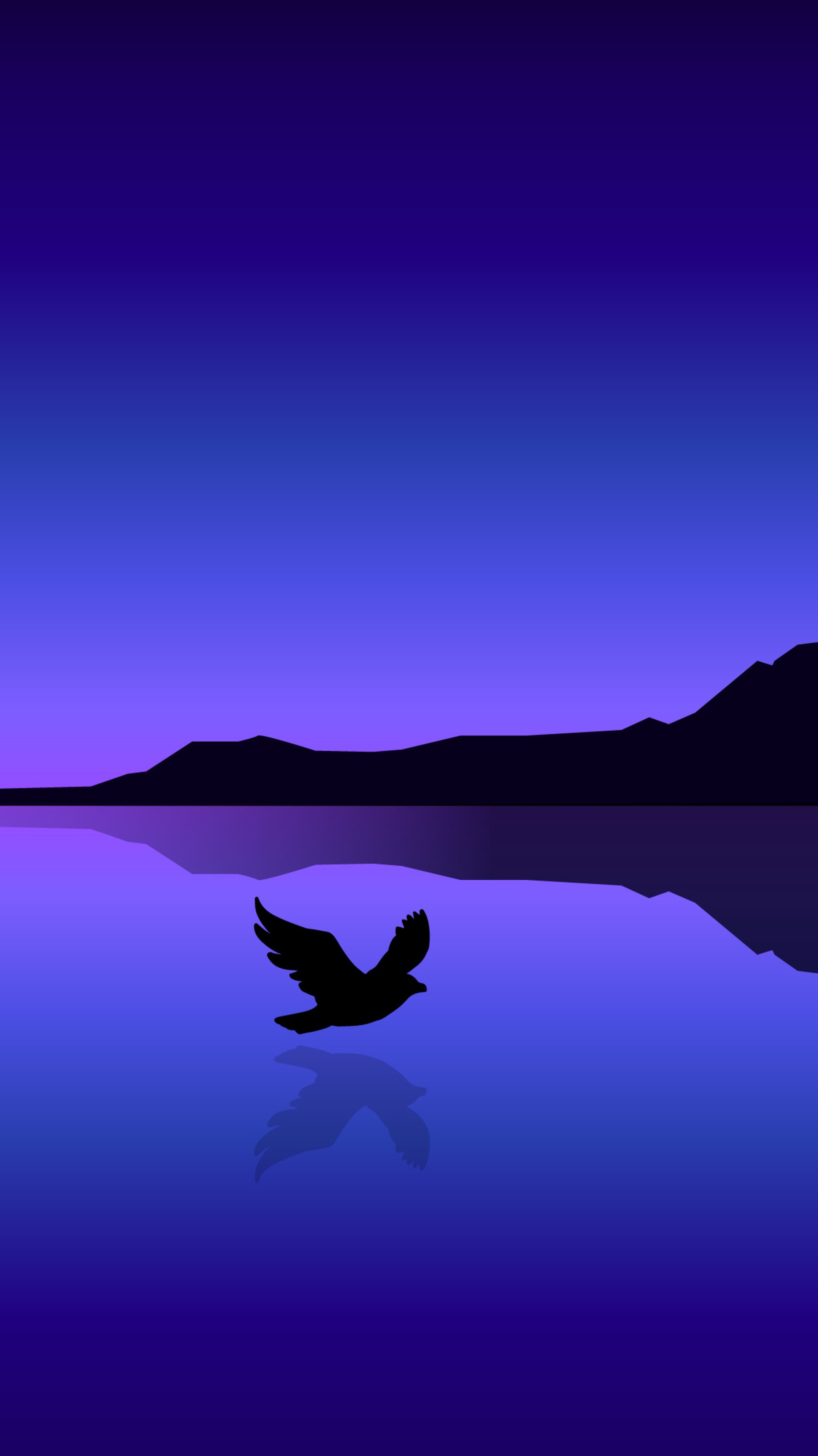 Minimalist bird flying over water at dusk HD Phone Wallpaper