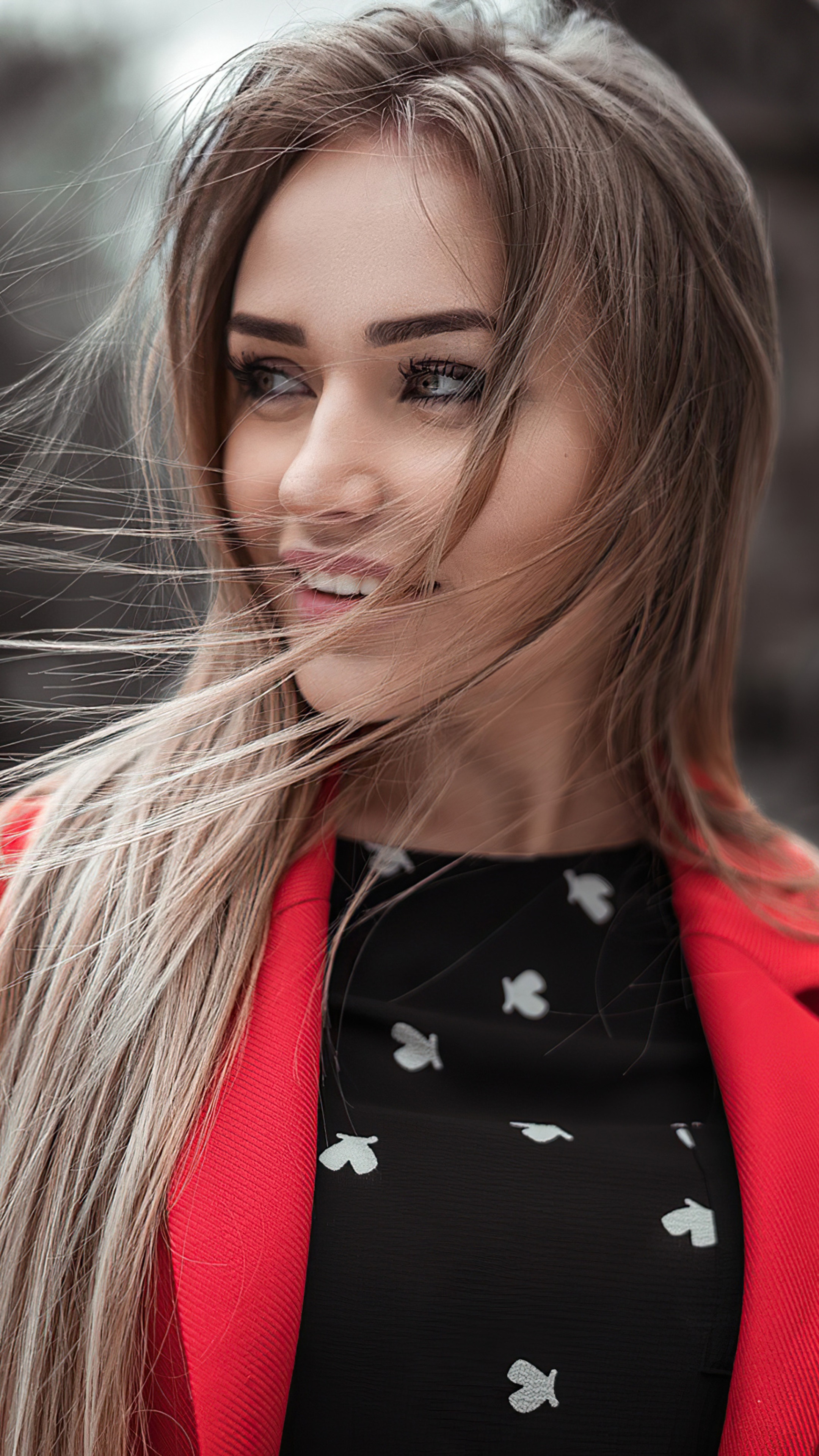 Blonde girl in red jacket HD Phone Wallpaper