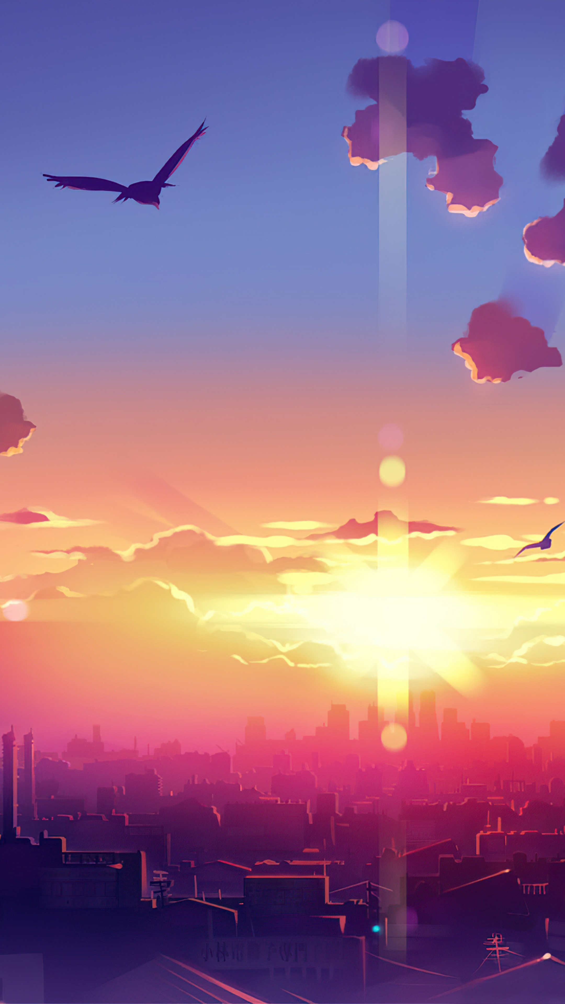 Anime birds flying over a city at sunset 4K HD Phone Wallpaper