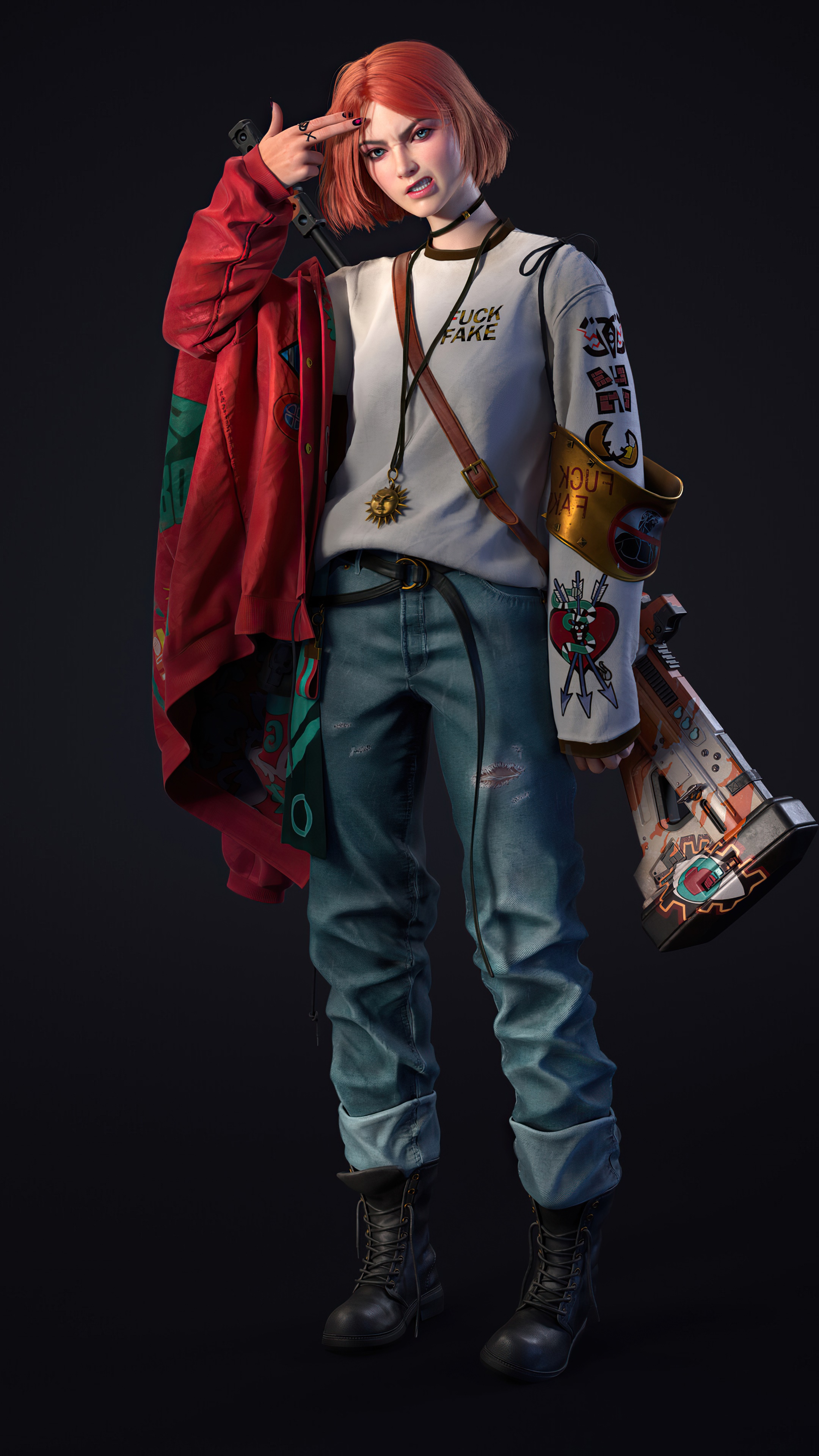 Girl with red jacket and rifle HD Phone Wallpaper
