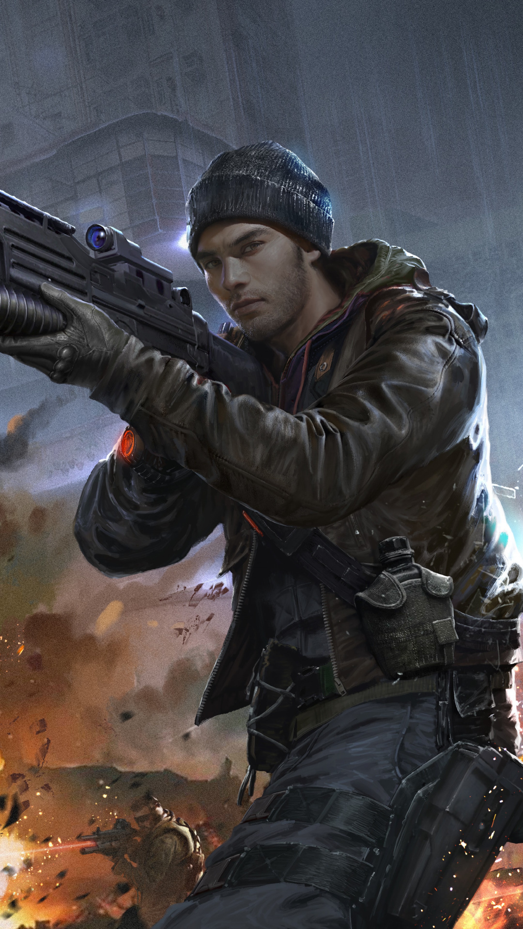 Man with rifle in a war-torn city HD Phone Wallpaper