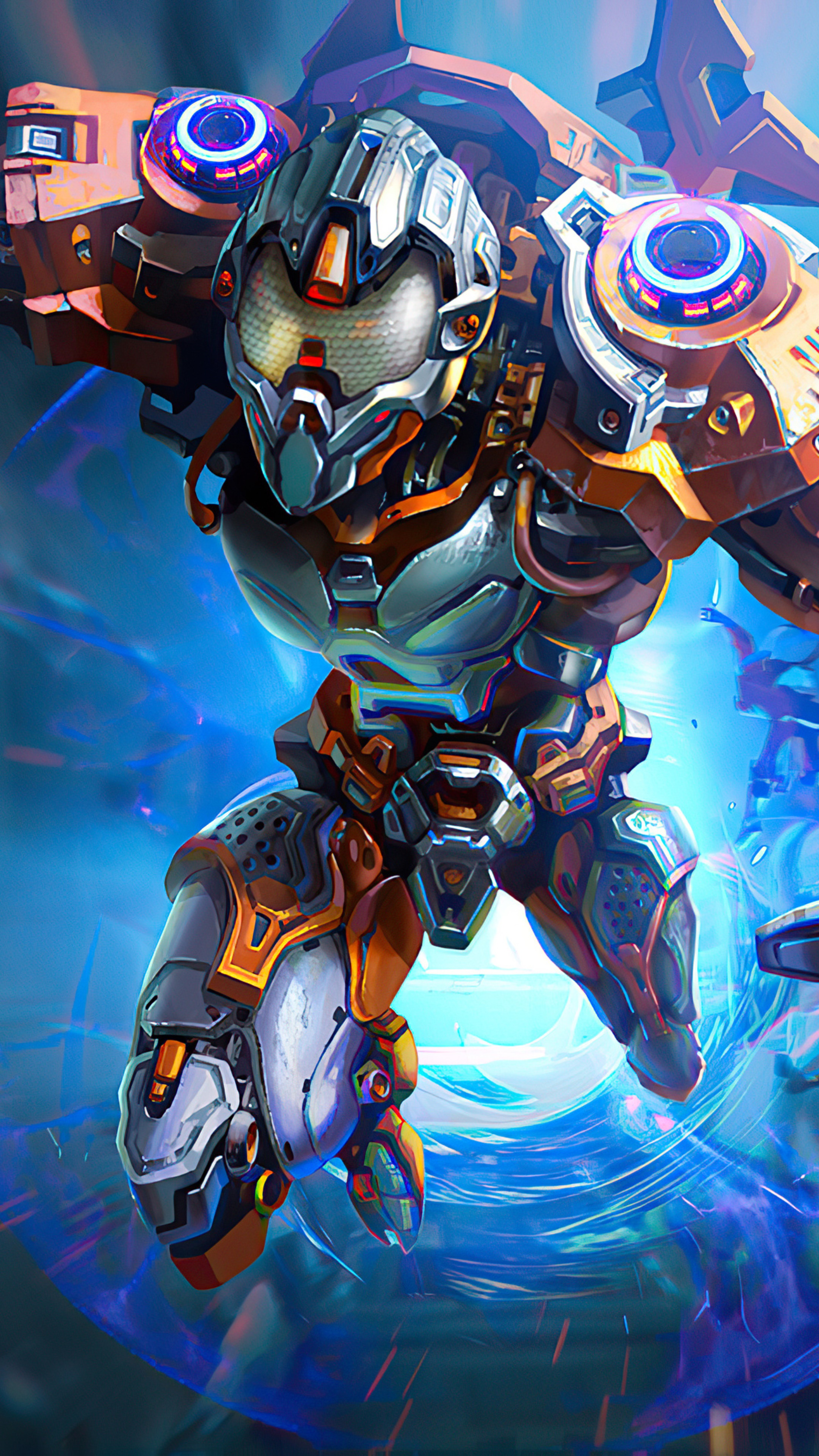 Artwork of a cyborg in orange and silver armor HD Phone Wallpaper